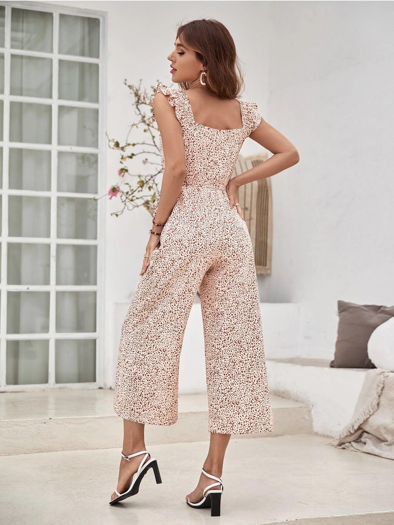 Allover Print Button Front Jumpsuit-Comfy Jumpsuits