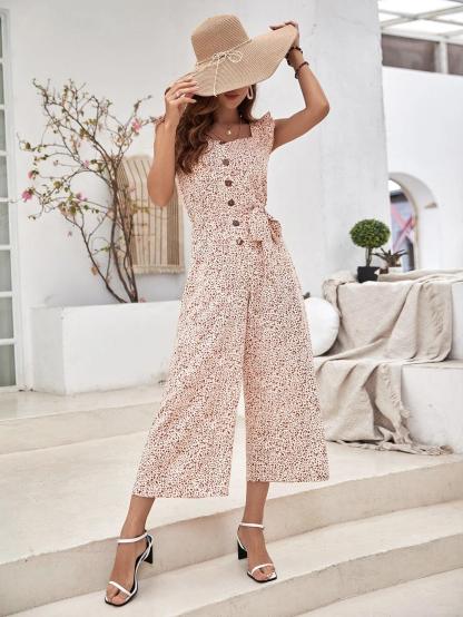 Allover Print Button Front Jumpsuit-Comfy Jumpsuits
