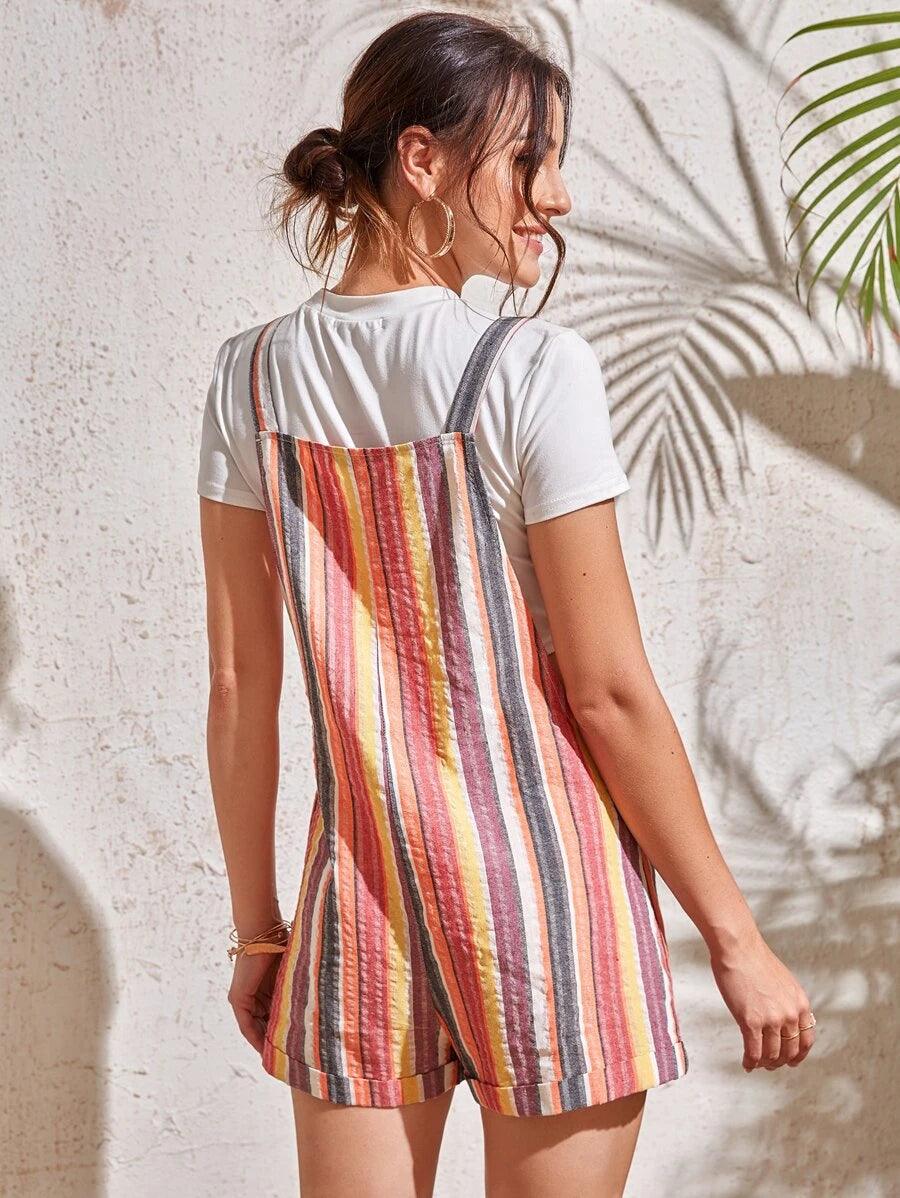 Striped Print Cuffed Pinafore Romper Without Tee-Comfy Jumpsuits