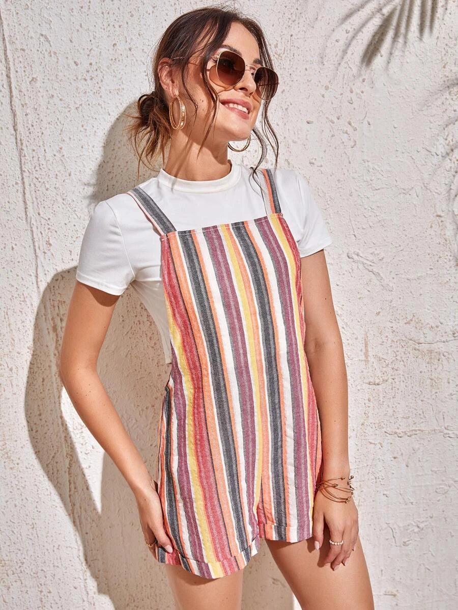 Striped Print Cuffed Pinafore Romper Without Tee-Comfy Jumpsuits