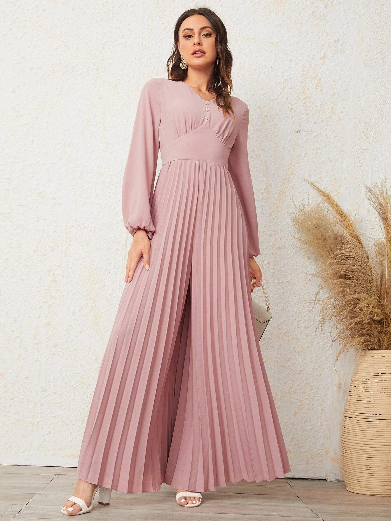 Button Front Lantern Sleeve Pleated Jumpsuit-Comfy Jumpsuits