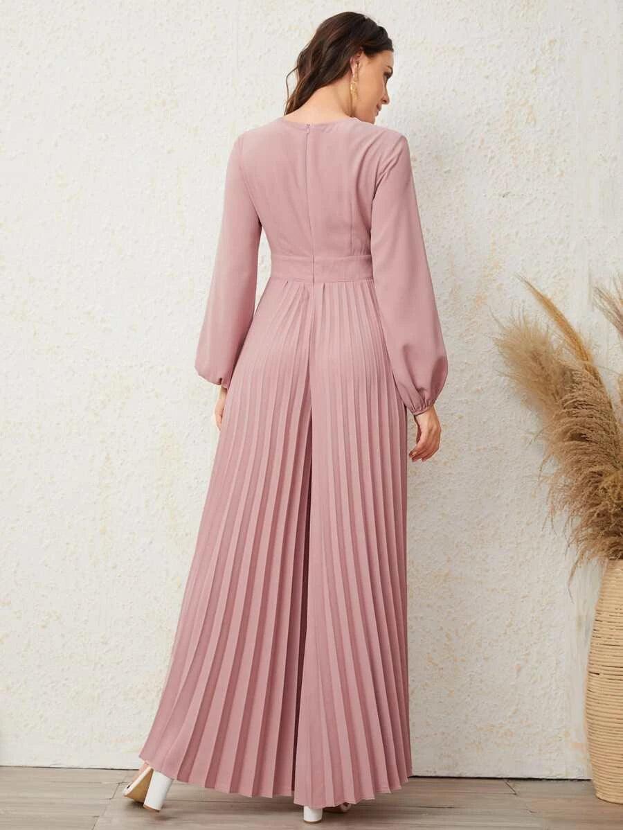 Button Front Lantern Sleeve Pleated Jumpsuit-Comfy Jumpsuits