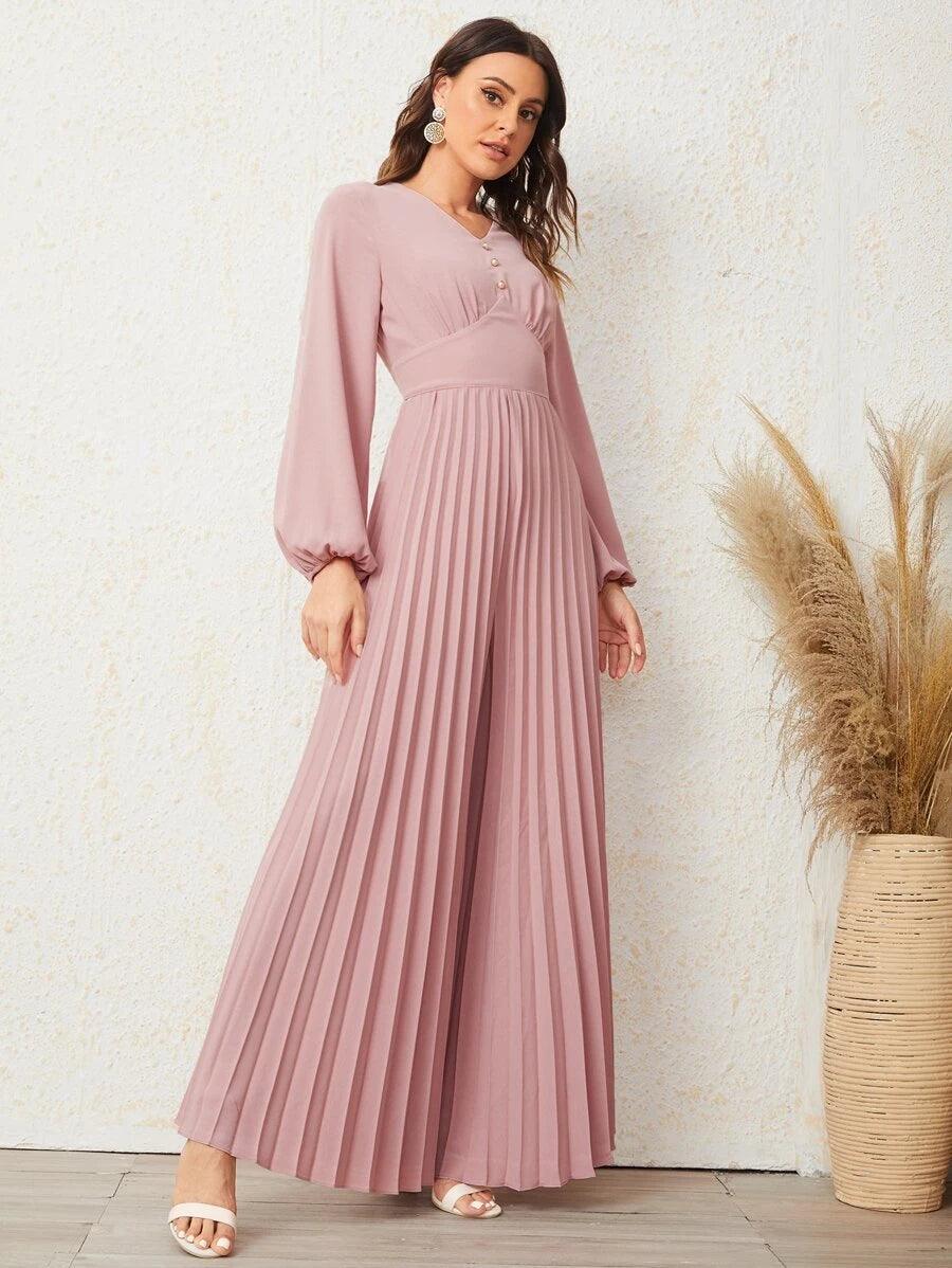 Button Front Lantern Sleeve Pleated Jumpsuit-Comfy Jumpsuits