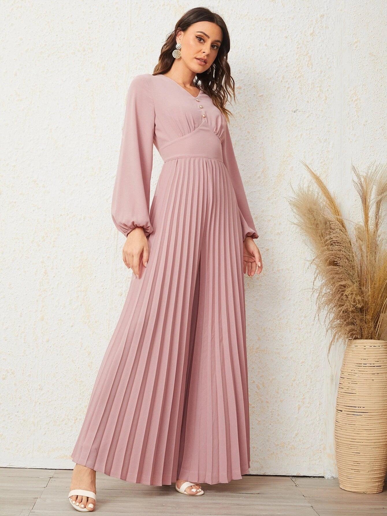 Button Front Lantern Sleeve Pleated Jumpsuit-Comfy Jumpsuits