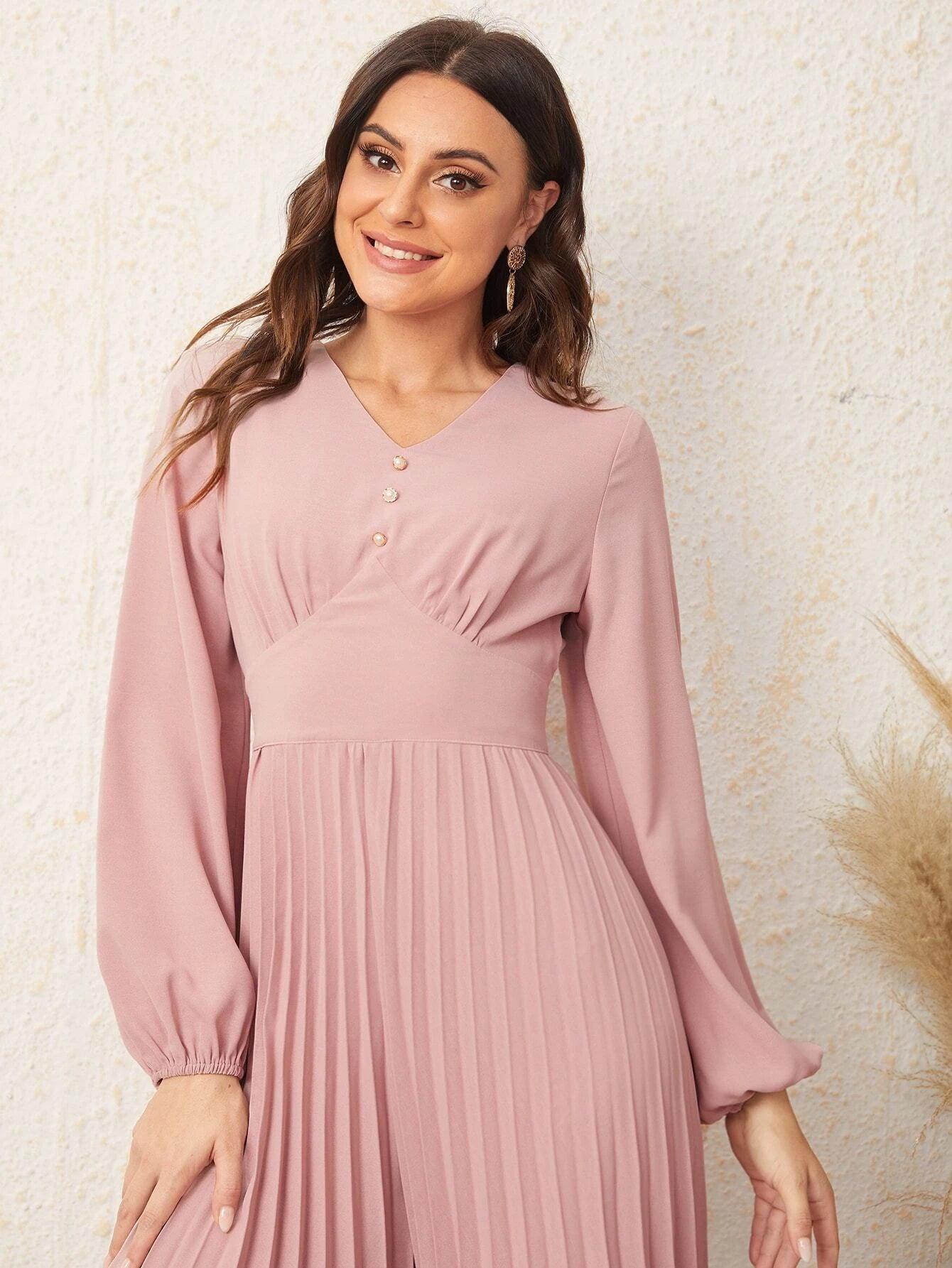 Button Front Lantern Sleeve Pleated Jumpsuit-Comfy Jumpsuits