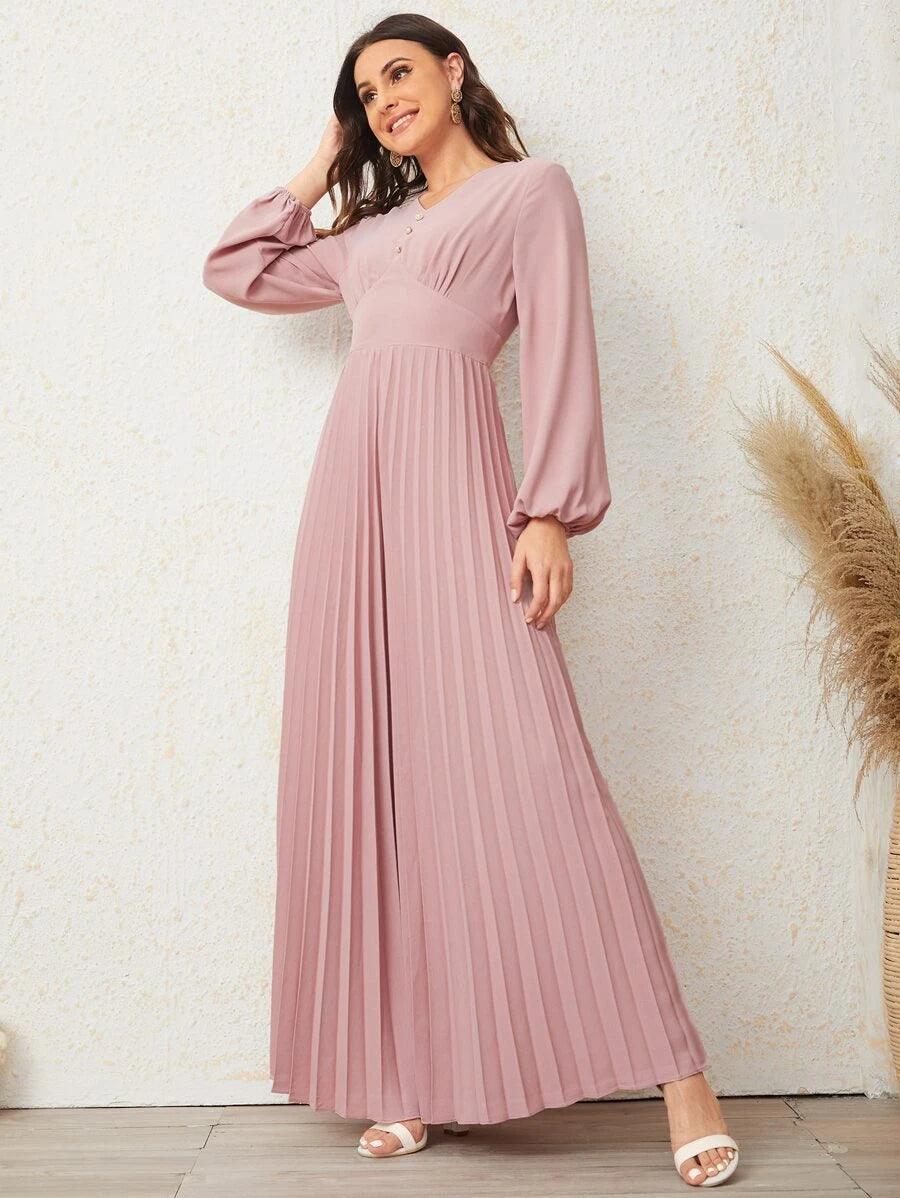 Button Front Lantern Sleeve Pleated Jumpsuit-Comfy Jumpsuits