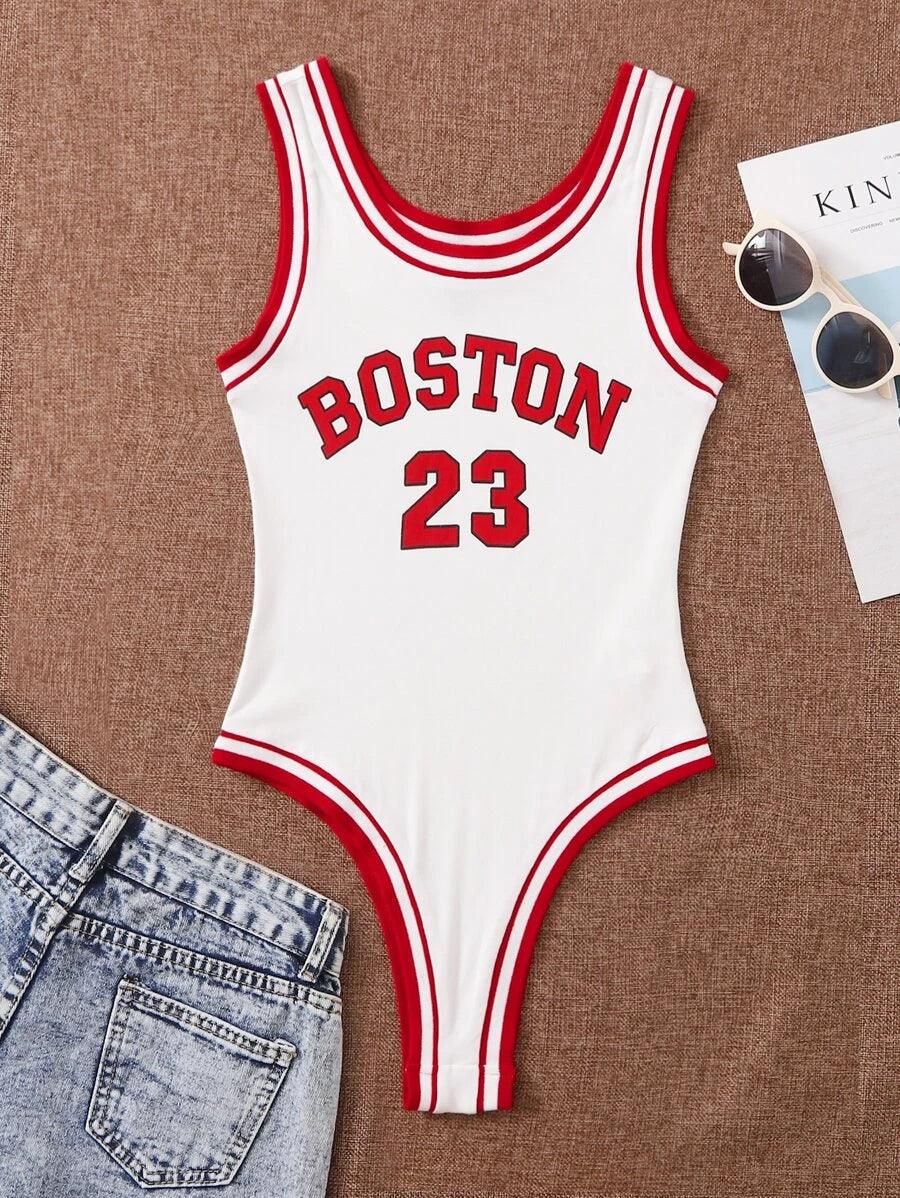 Letter Graphic Ringer Bodysuit-Comfy Jumpsuits