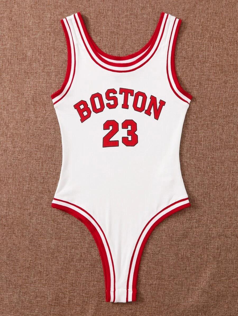 Letter Graphic Ringer Bodysuit-Comfy Jumpsuits