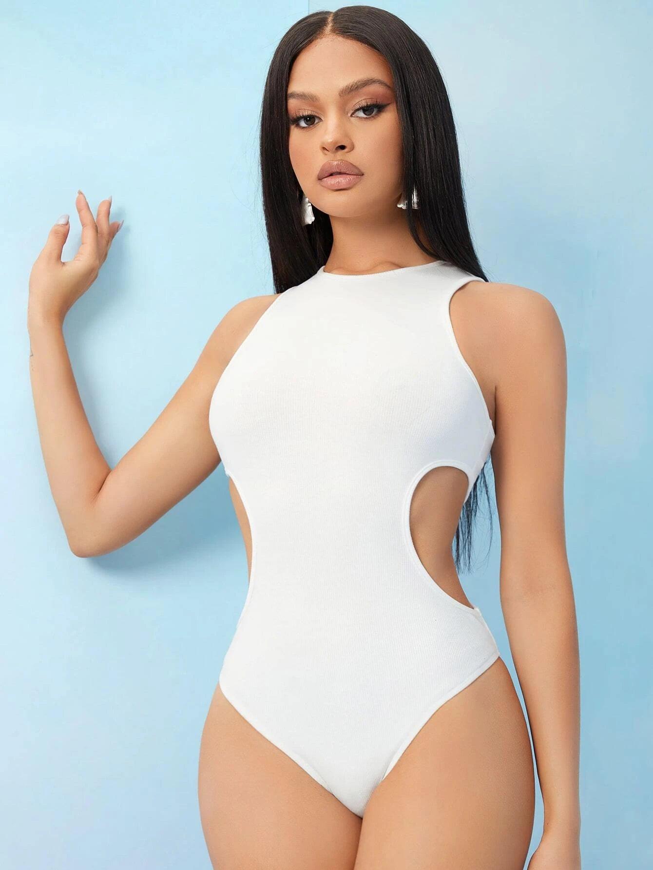 Cutout Side Solid Bodysuit-Comfy Jumpsuits