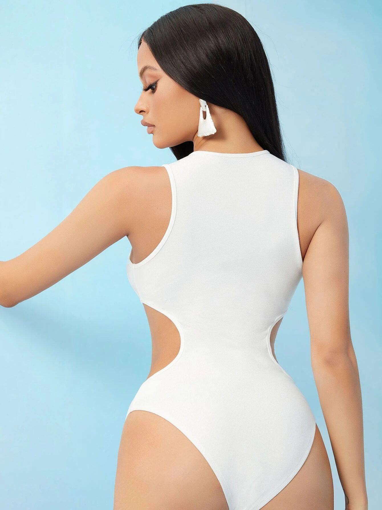 Cutout Side Solid Bodysuit-Comfy Jumpsuits