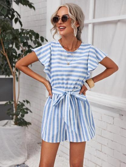 Cap Sleeve Belted Two Tone Striped Romper-Comfy Jumpsuits