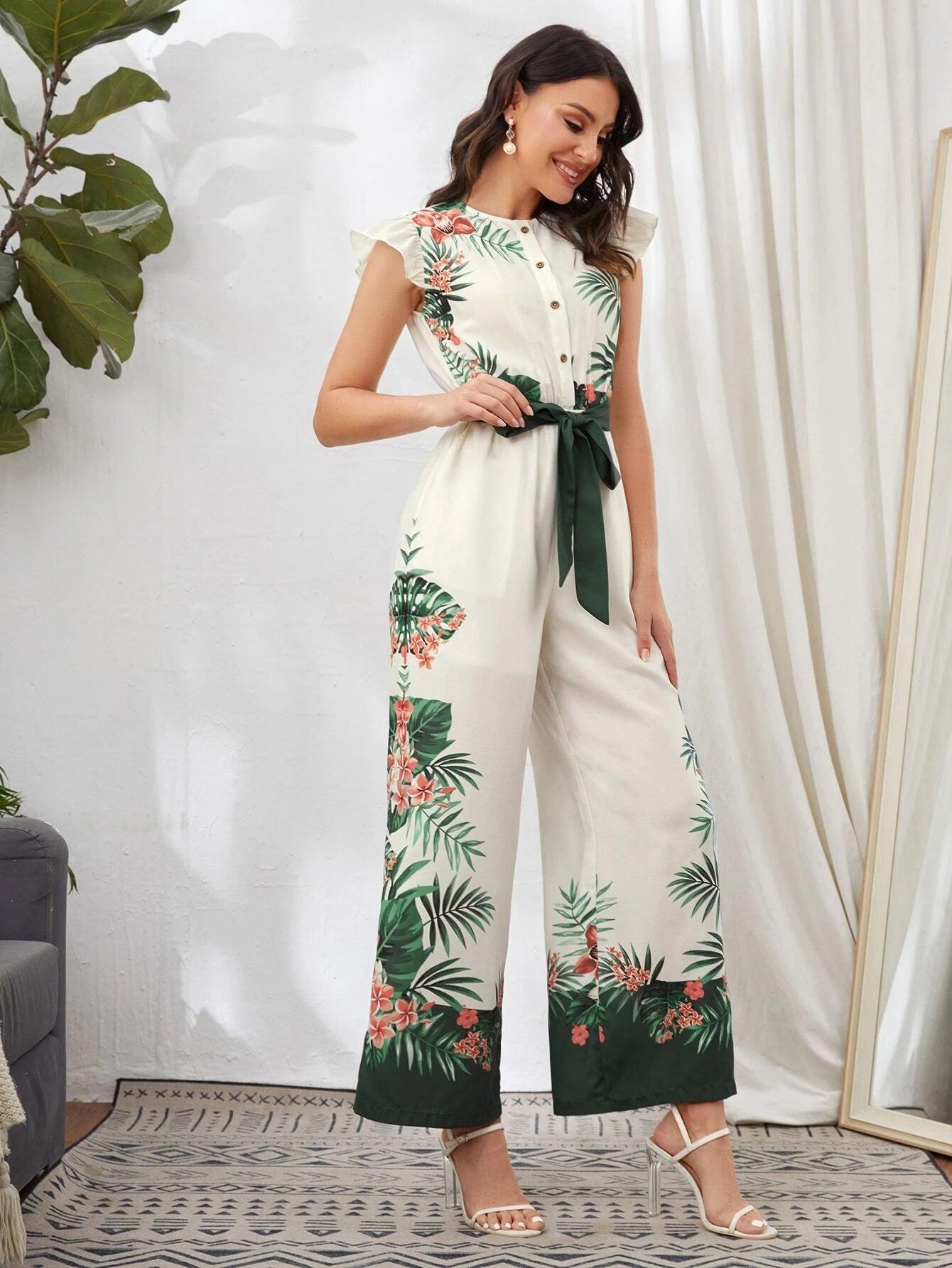 Button Front Belted Tropical Print Jumpsuit-Comfy Jumpsuits