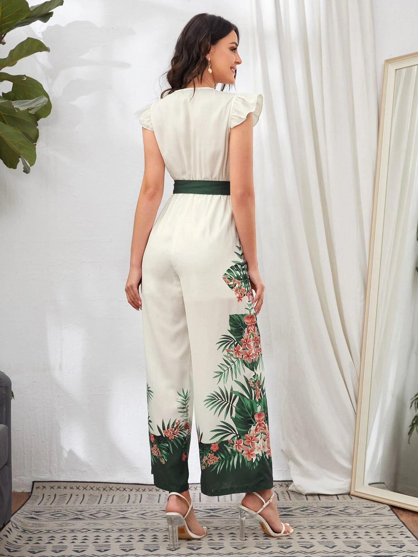 Button Front Belted Tropical Print Jumpsuit-Comfy Jumpsuits
