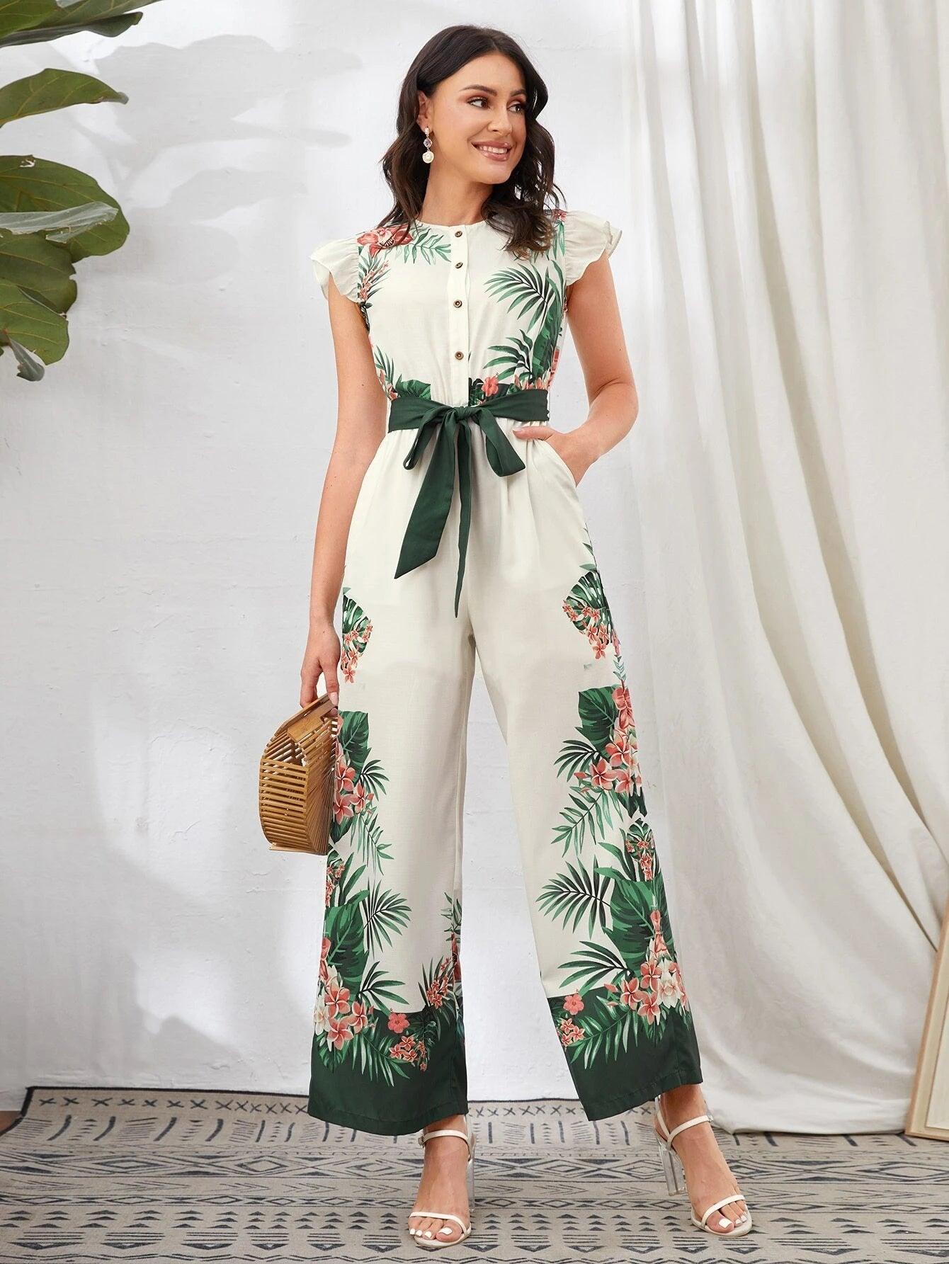 Button Front Belted Tropical Print Jumpsuit-Comfy Jumpsuits