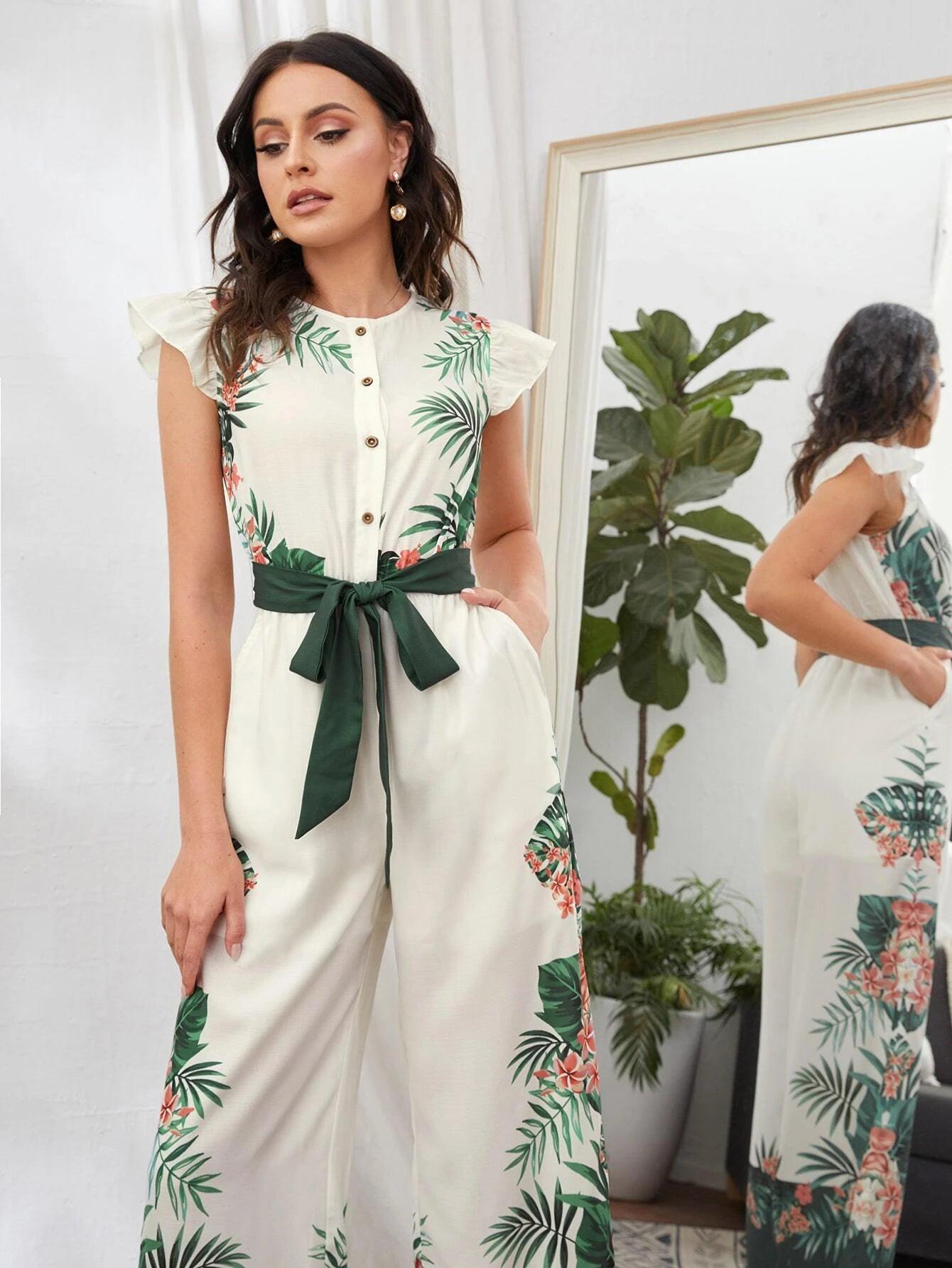 Button Front Belted Tropical Print Jumpsuit-Comfy Jumpsuits