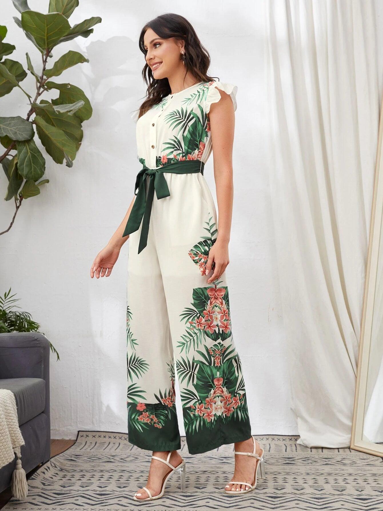 Button Front Belted Tropical Print Jumpsuit-Comfy Jumpsuits