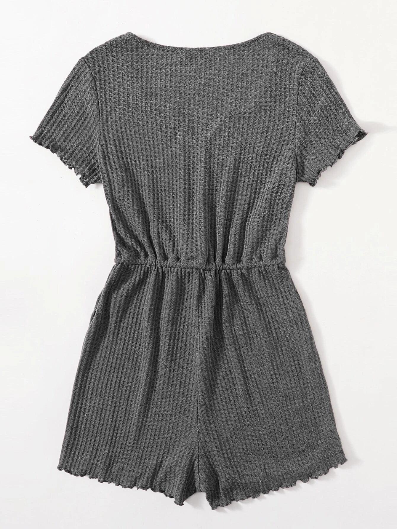 Notched Neck Lettuce Trim Romper-Comfy Jumpsuits