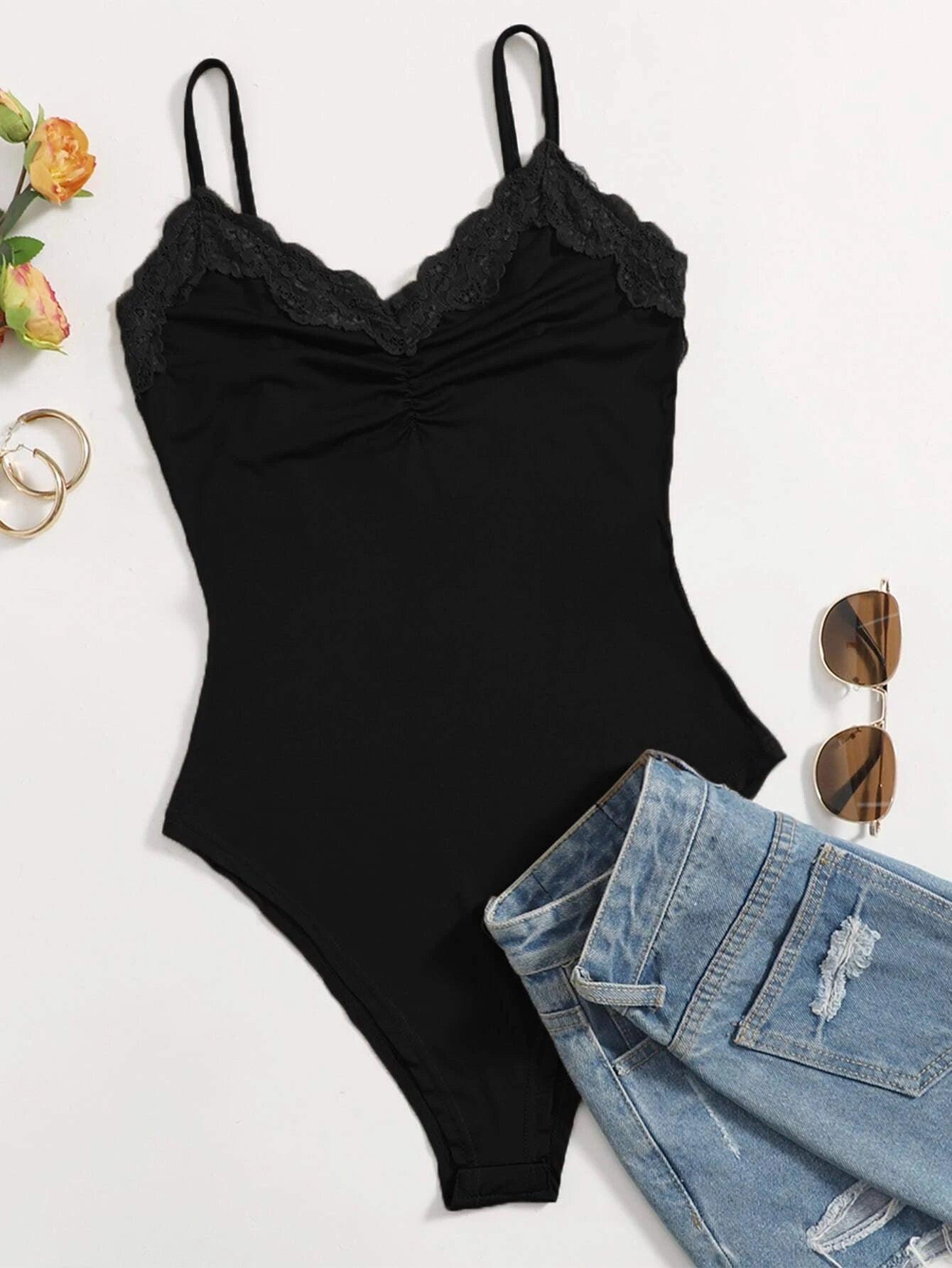 Contrast Lace Ruched Sleeveless Bodysuit-Comfy Jumpsuits