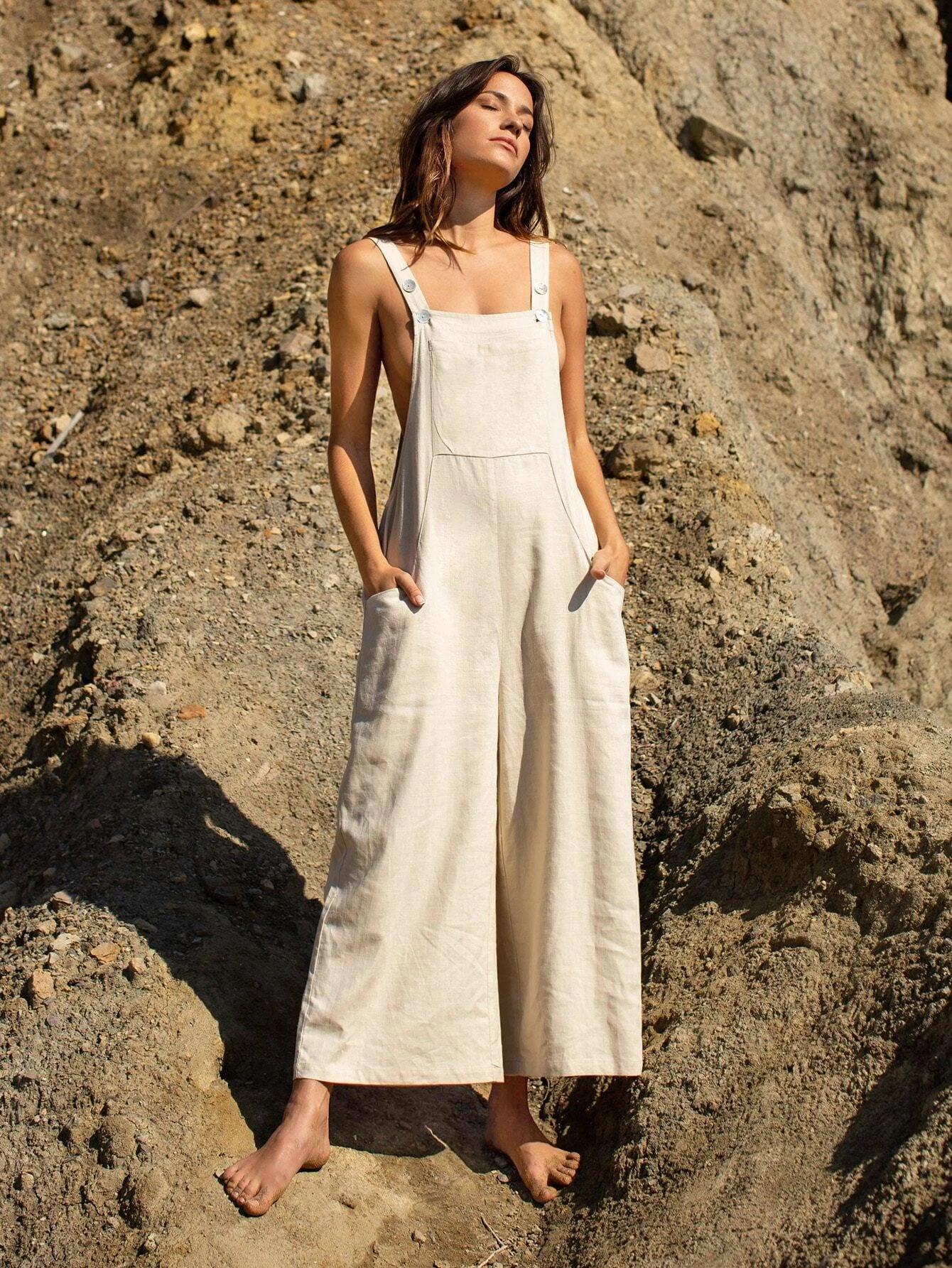 Linen Pocket Front Overalls-Comfy Jumpsuits