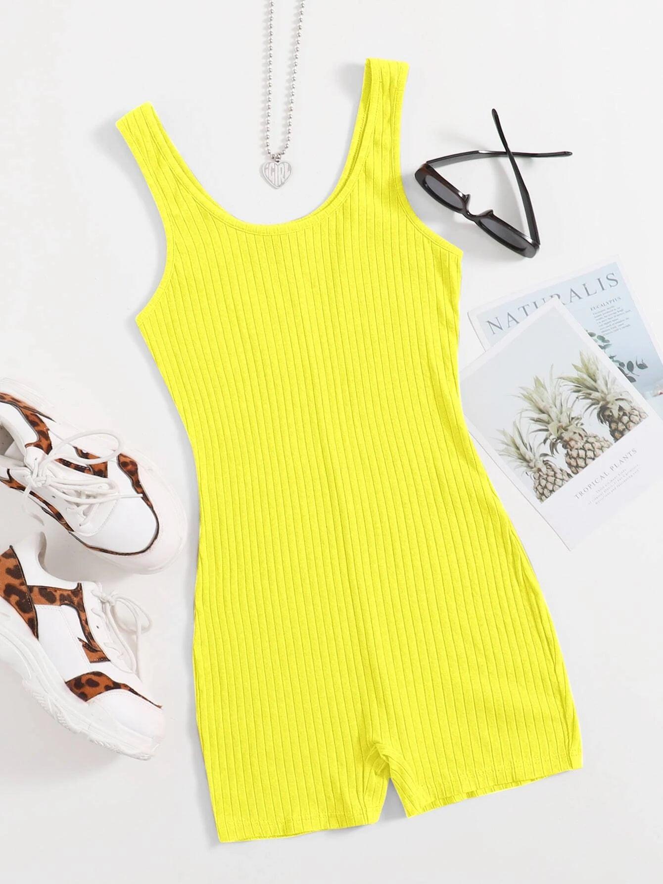 Scoop Neck Rib-knit Tank Unitard Romper-Comfy Jumpsuits