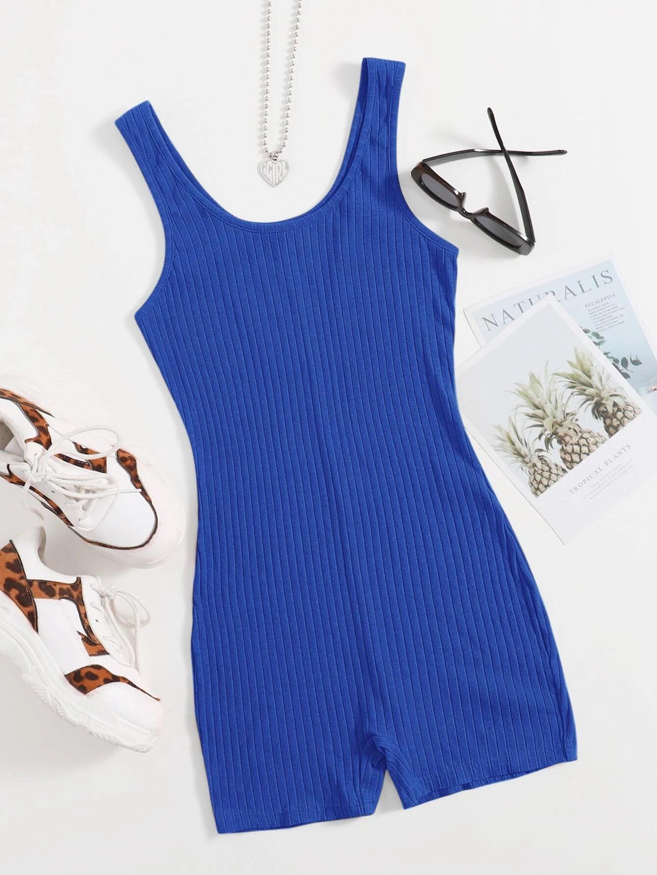 Scoop Neck Rib-knit Tank Unitard Romper-Comfy Jumpsuits