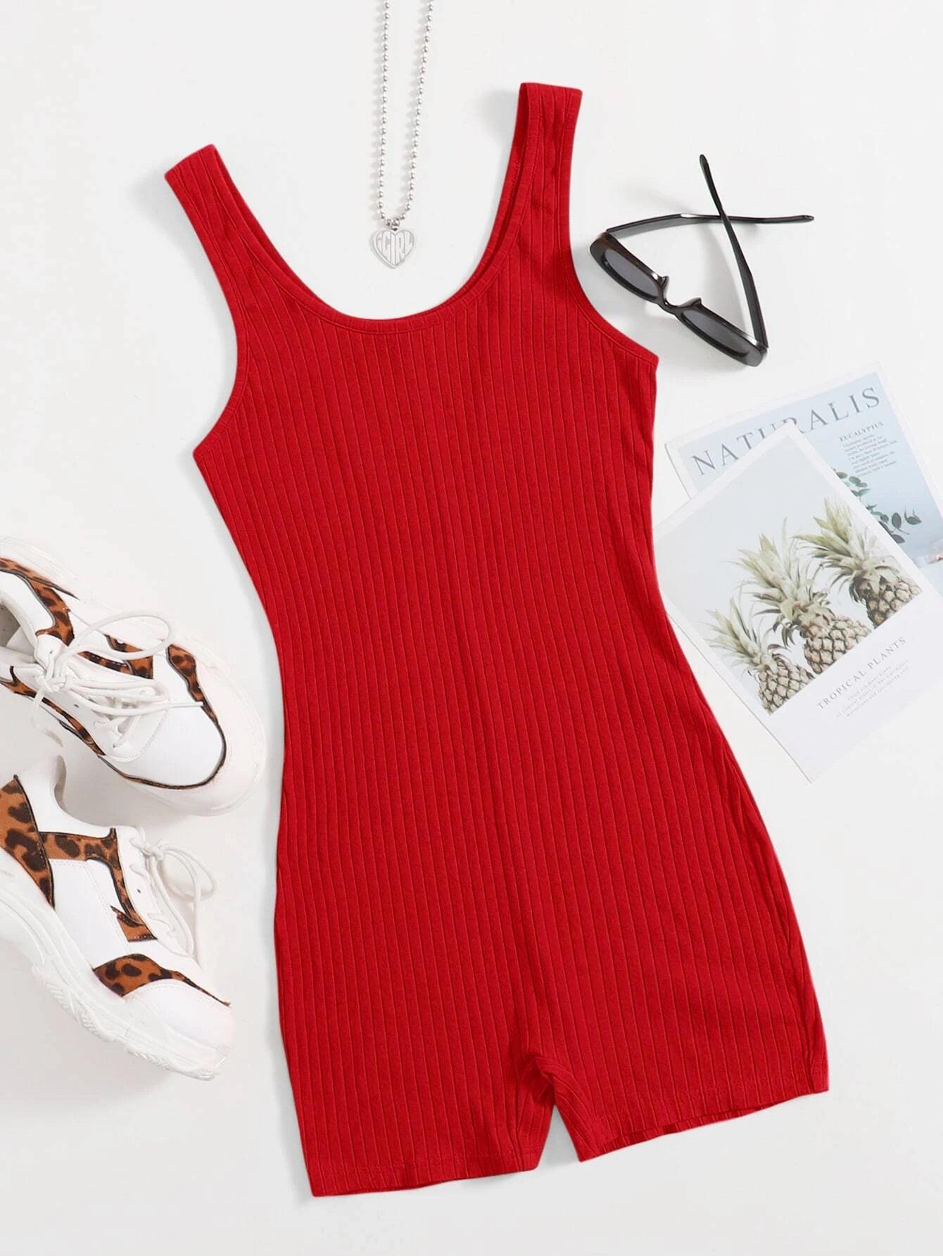 Scoop Neck Rib-knit Tank Unitard Romper-Comfy Jumpsuits