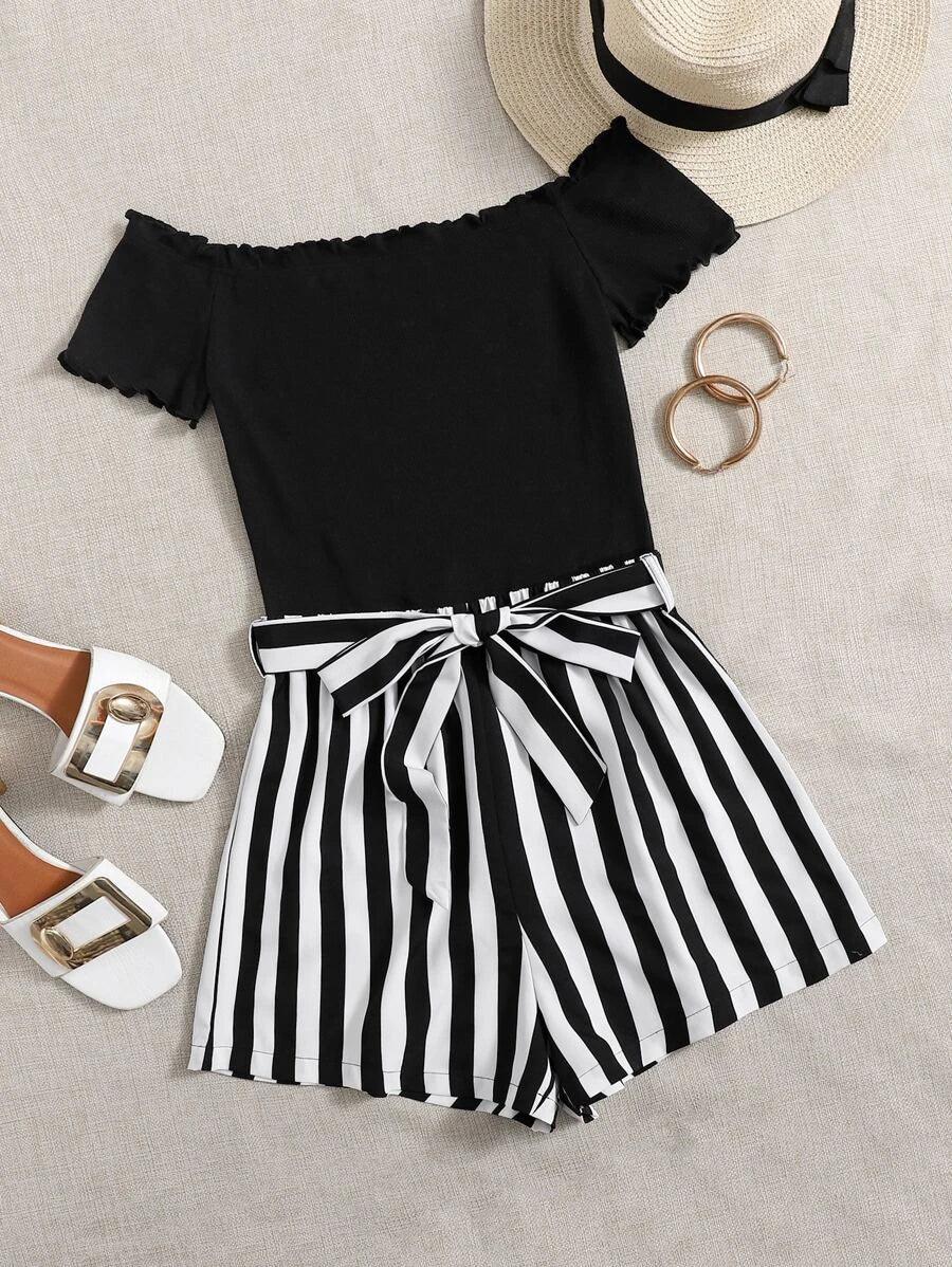 Off Shoulder Lettuce Trim Striped Romper-Comfy Jumpsuits