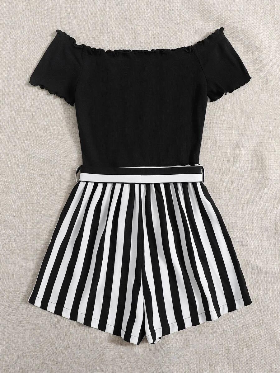 Off Shoulder Lettuce Trim Striped Romper-Comfy Jumpsuits