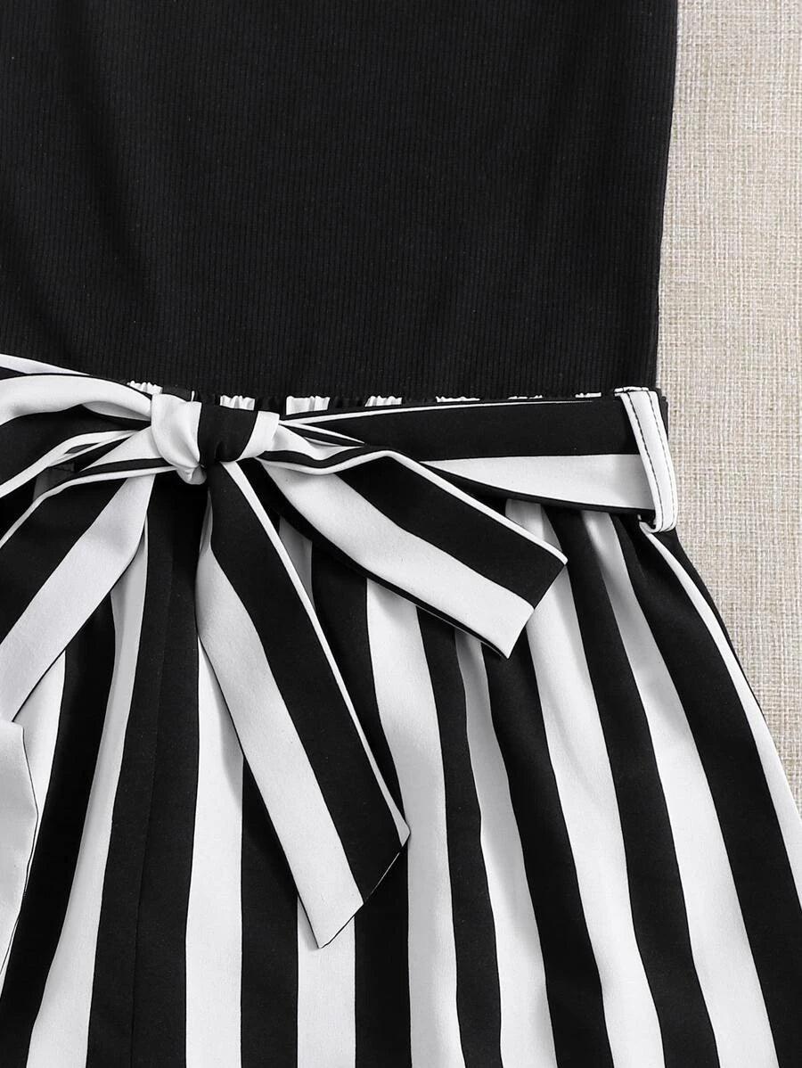 Off Shoulder Lettuce Trim Striped Romper-Comfy Jumpsuits