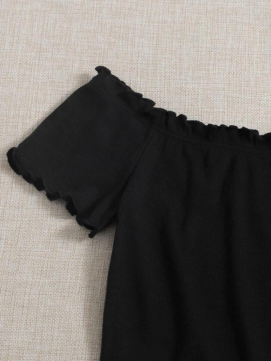 Off Shoulder Lettuce Trim Striped Romper-Comfy Jumpsuits