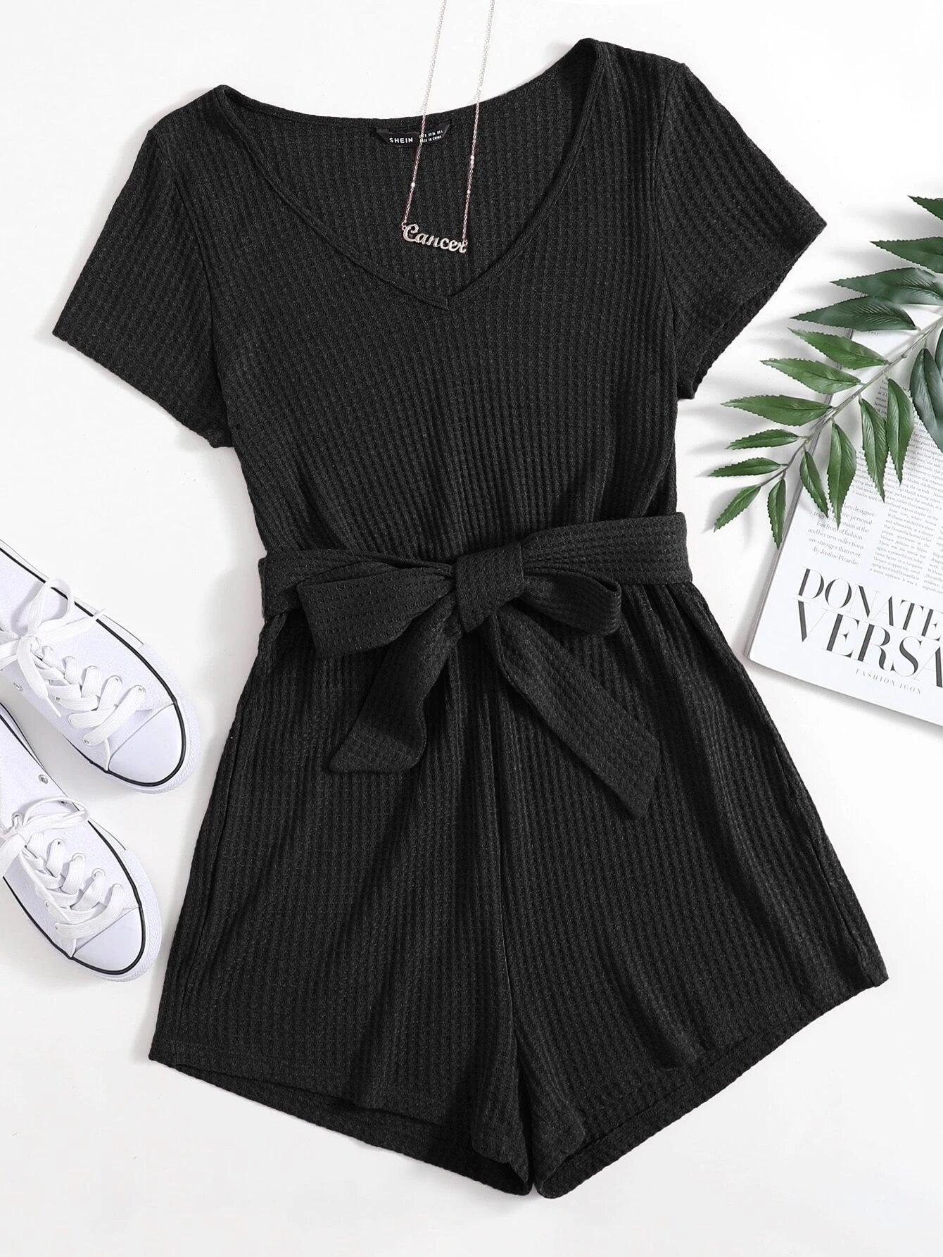 V-neck Self Belted Waffle Knit Romper-Comfy Jumpsuits