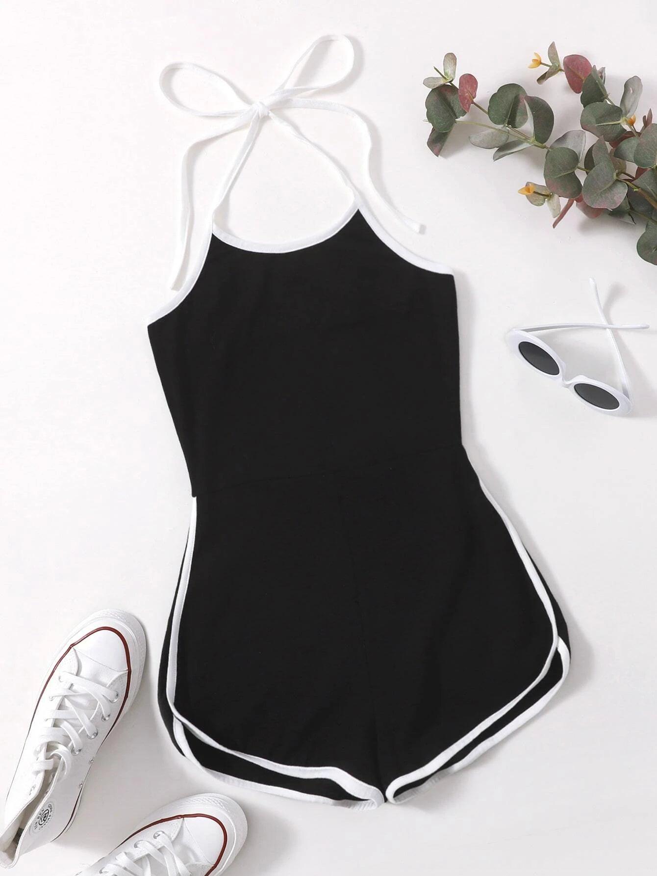 Contrast Binding Halter Romper-Comfy Jumpsuits
