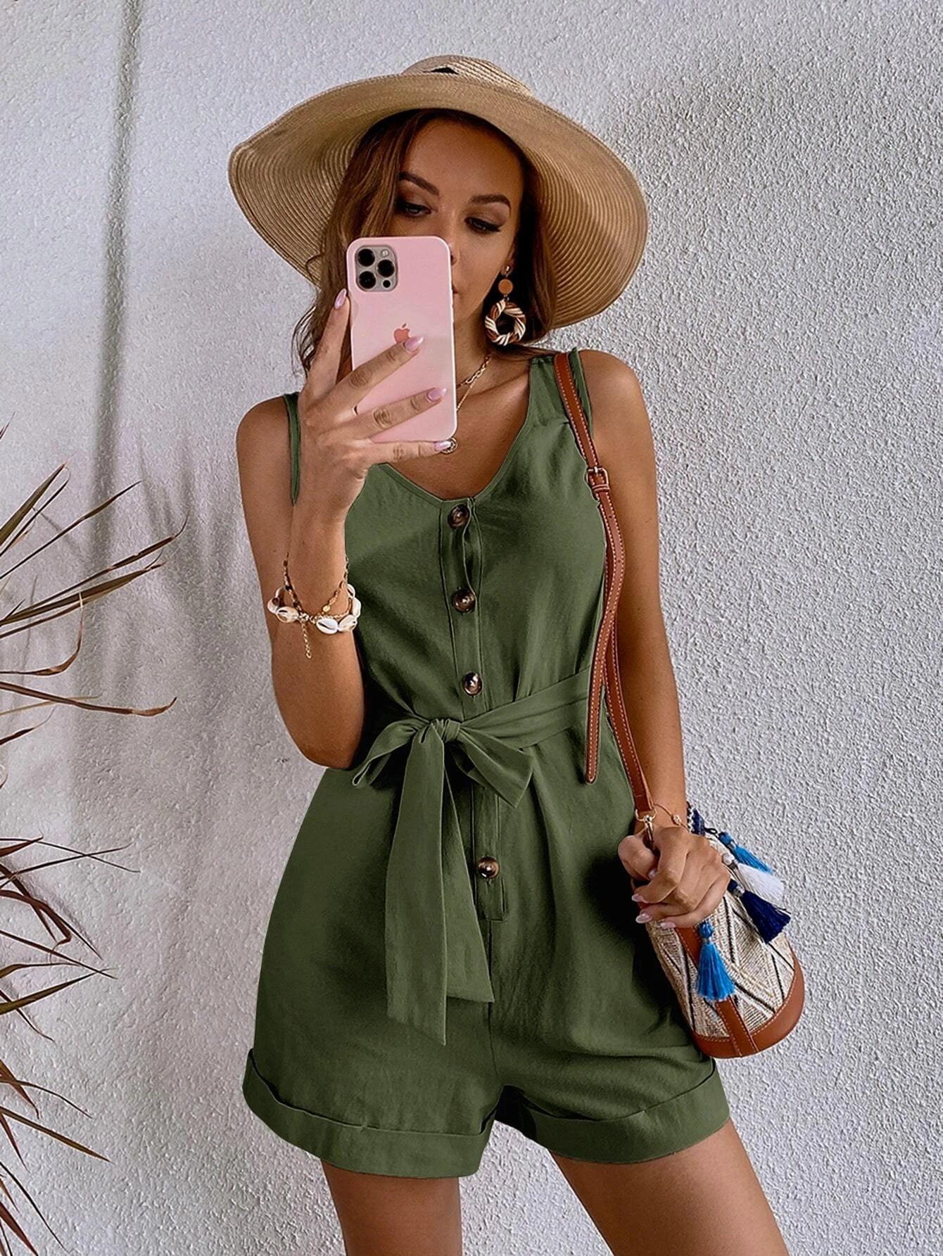 Button Front Belted Tank Romper-Comfy Jumpsuits