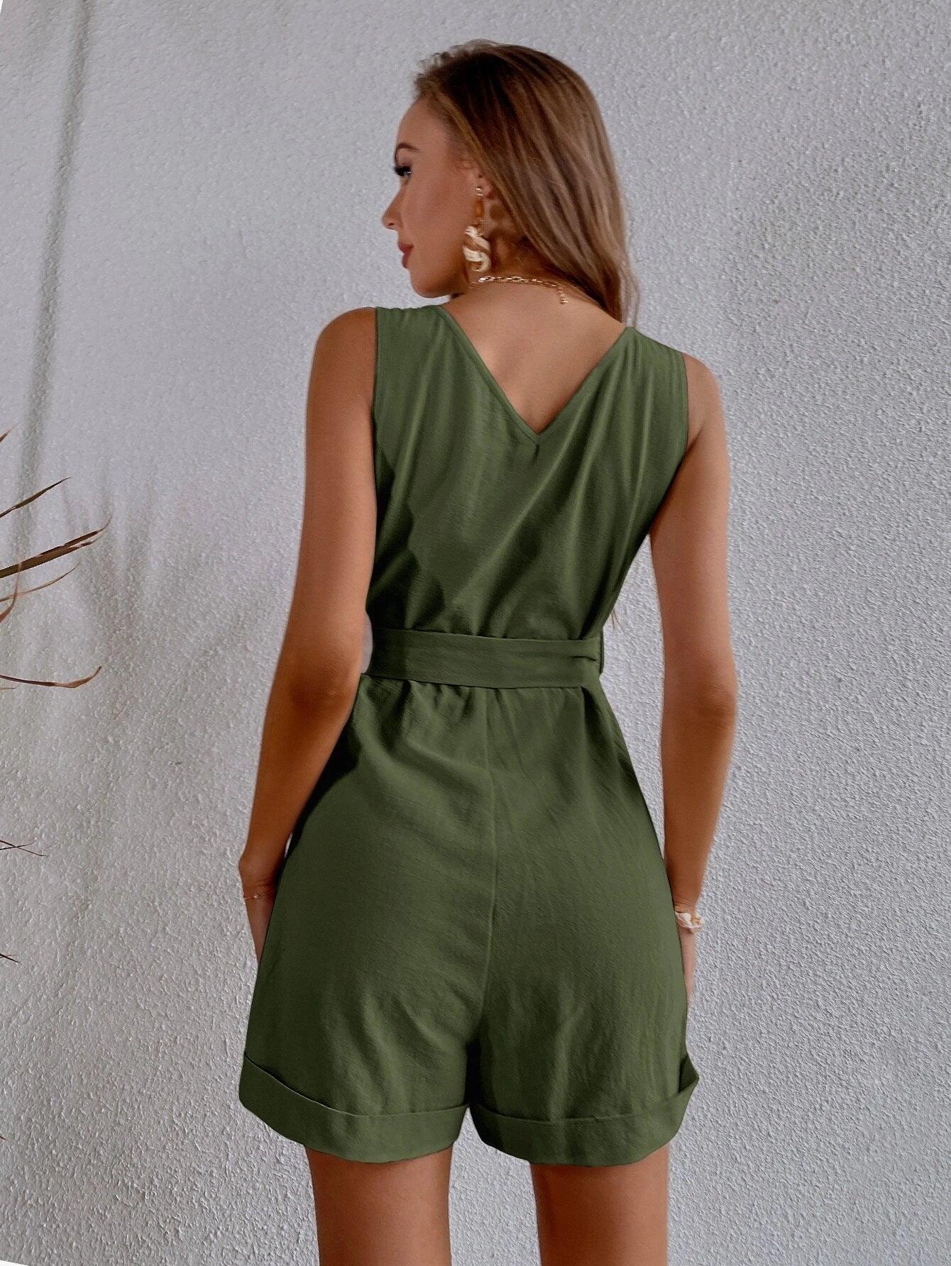 Button Front Belted Tank Romper-Comfy Jumpsuits
