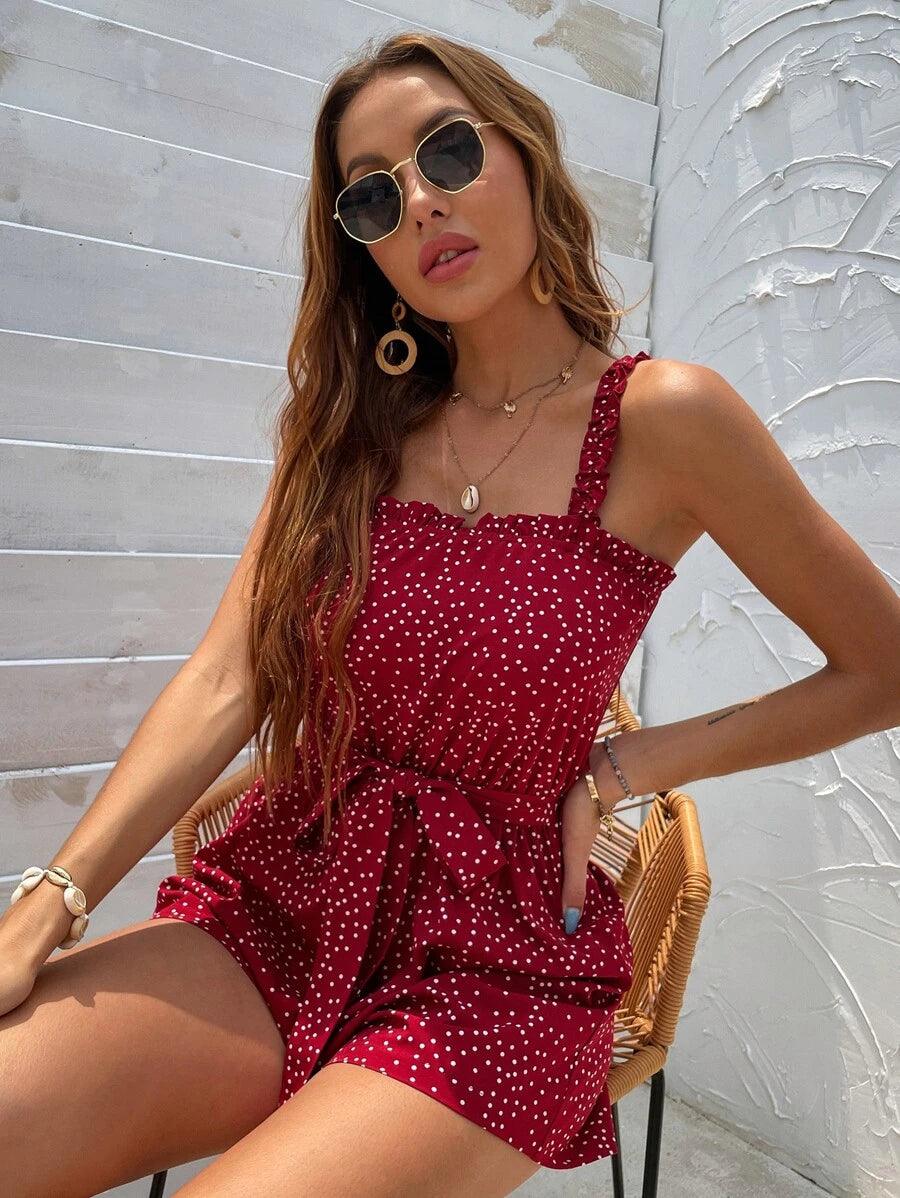 Polka Dot Frill Trimed Cami Romper-Comfy Jumpsuits