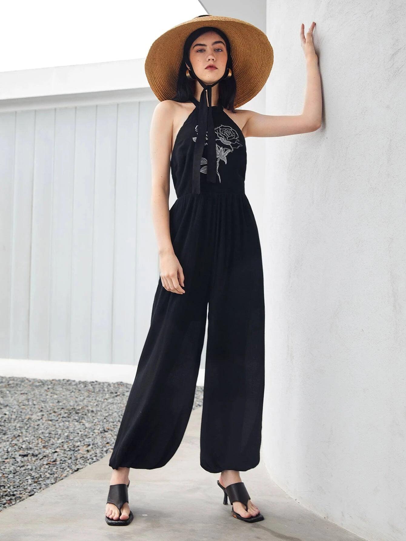 Floral Backless Embroidered Jumpsuit-Comfy Jumpsuits