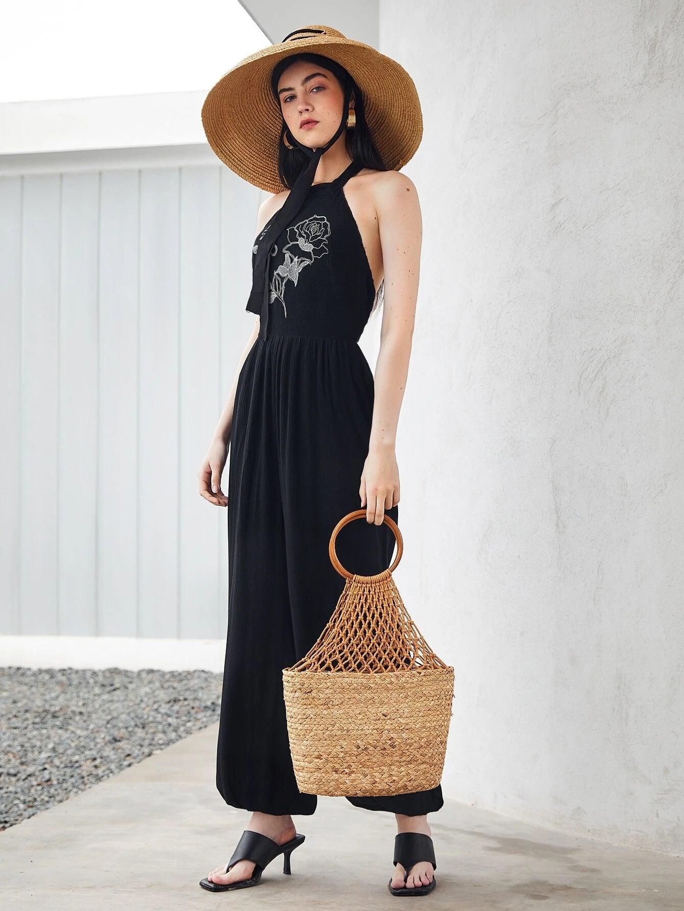 Floral Backless Embroidered Jumpsuit-Comfy Jumpsuits