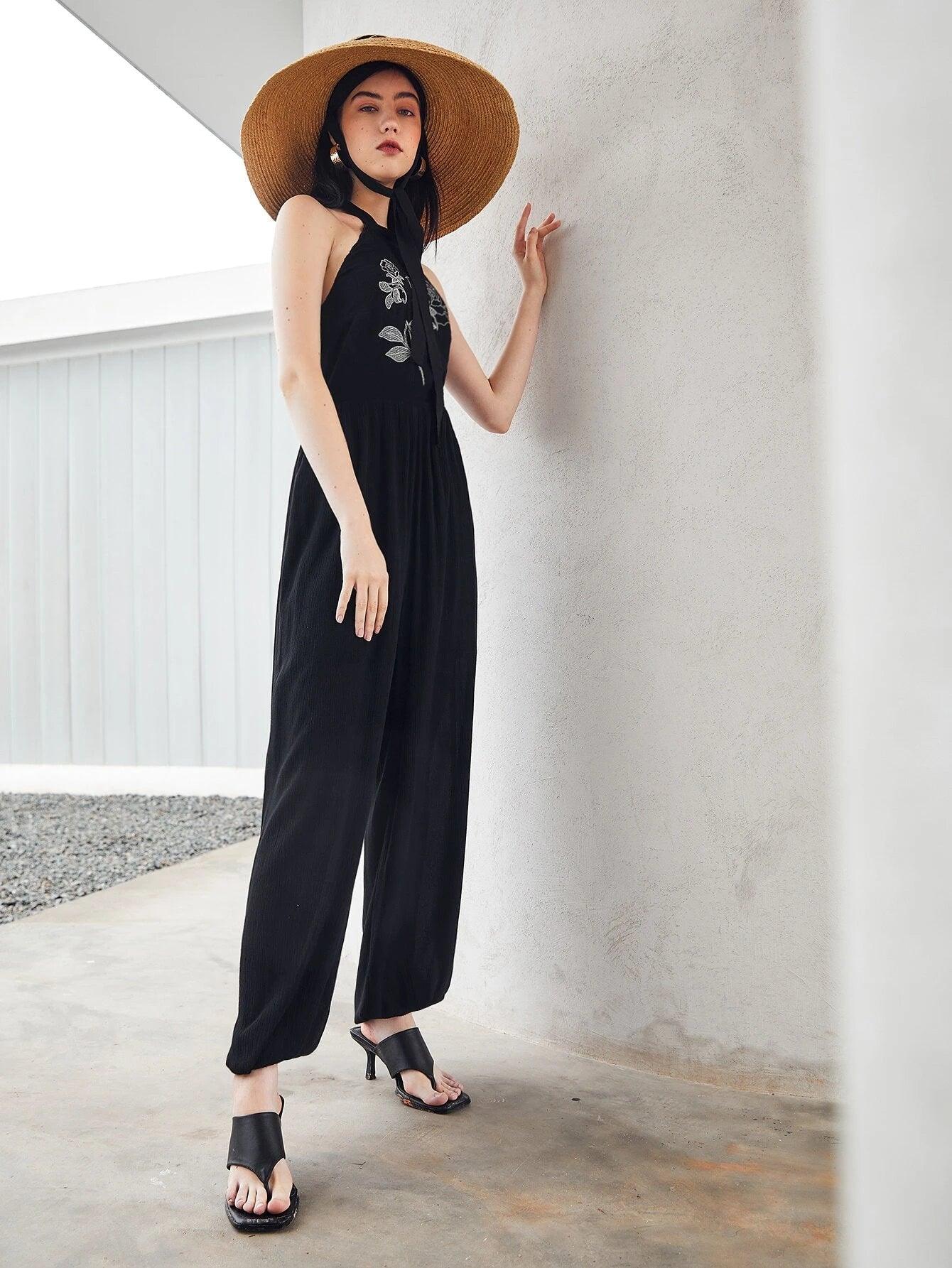 Floral Backless Embroidered Jumpsuit-Comfy Jumpsuits