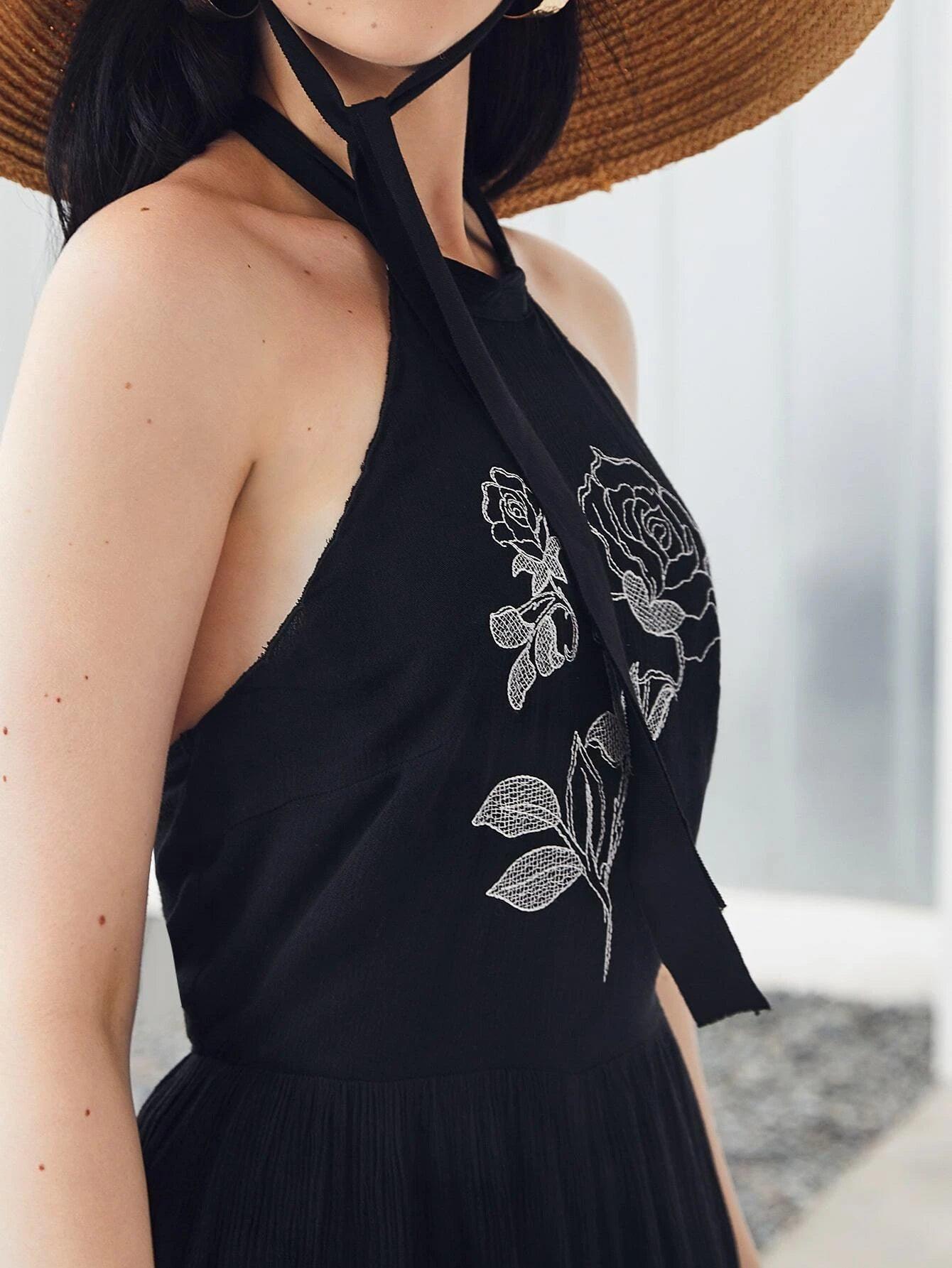 Floral Backless Embroidered Jumpsuit-Comfy Jumpsuits