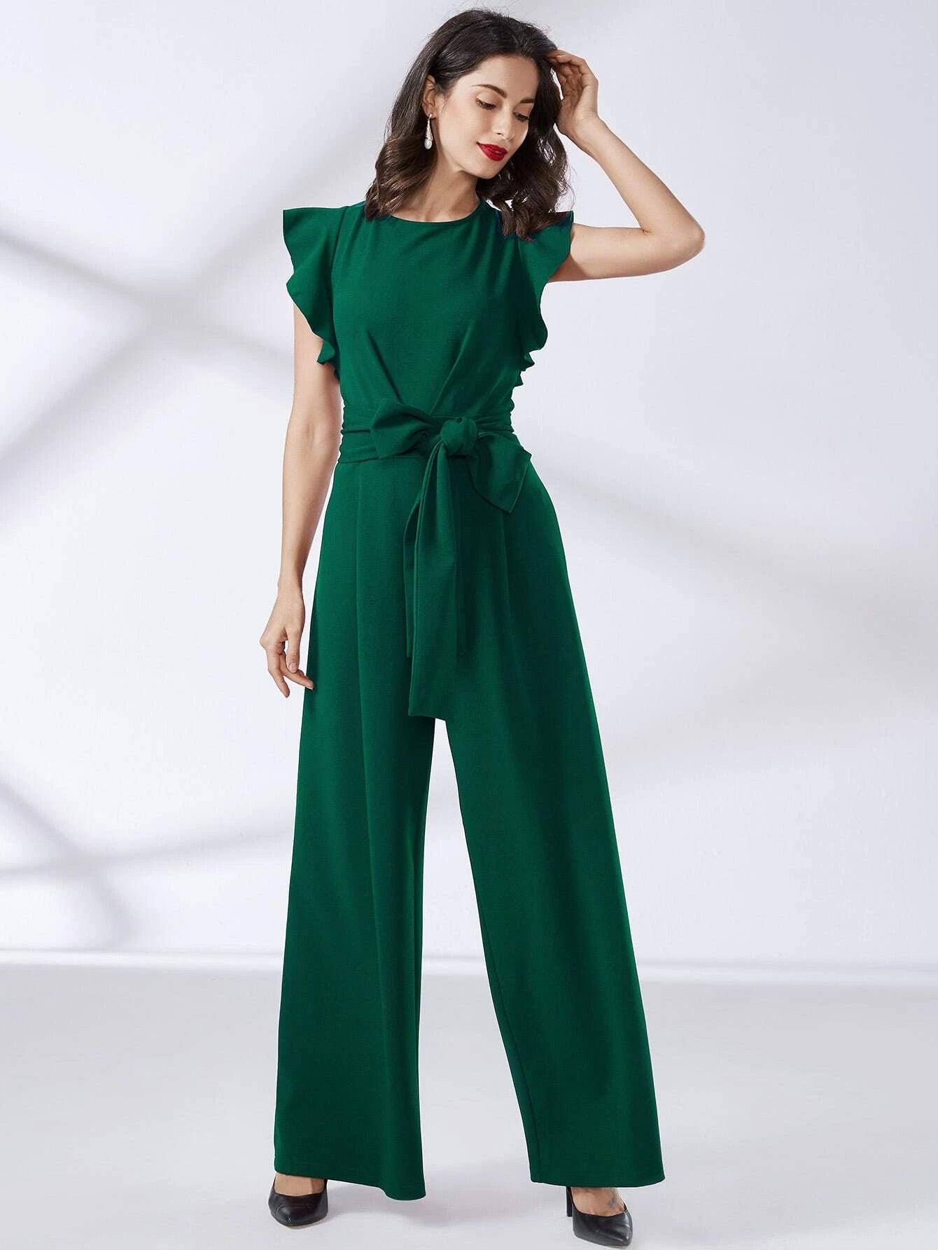Trim Belted Wide Leg Jumpsuit-Comfy Jumpsuits