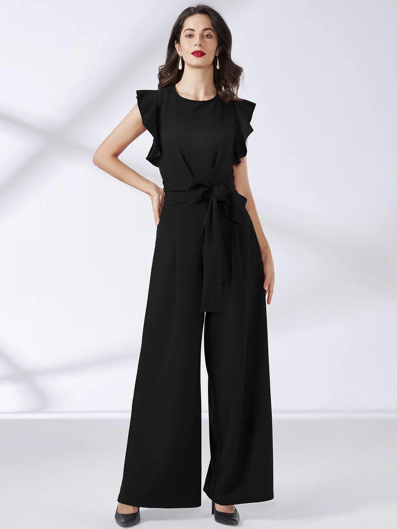 Trim Belted Wide Leg Jumpsuit-Comfy Jumpsuits