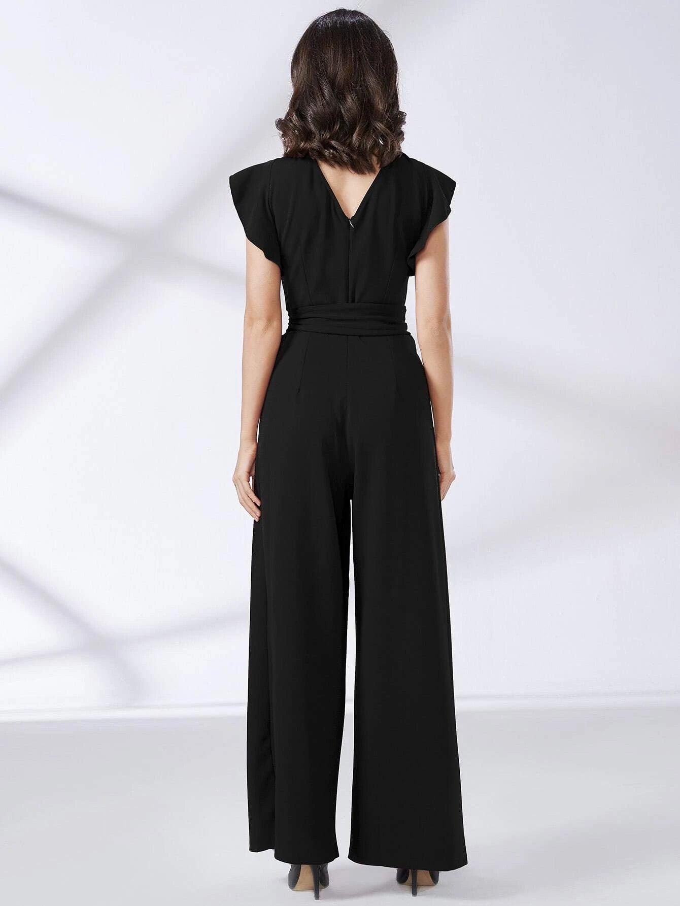 Trim Belted Wide Leg Jumpsuit-Comfy Jumpsuits