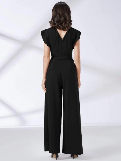 Trim Belted Wide Leg Jumpsuit-Comfy Jumpsuits