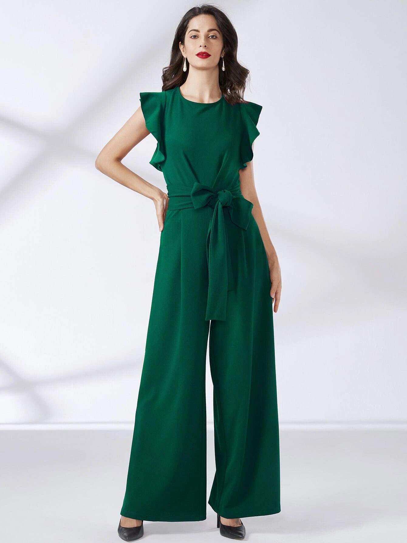 Trim Belted Wide Leg Jumpsuit-Comfy Jumpsuits