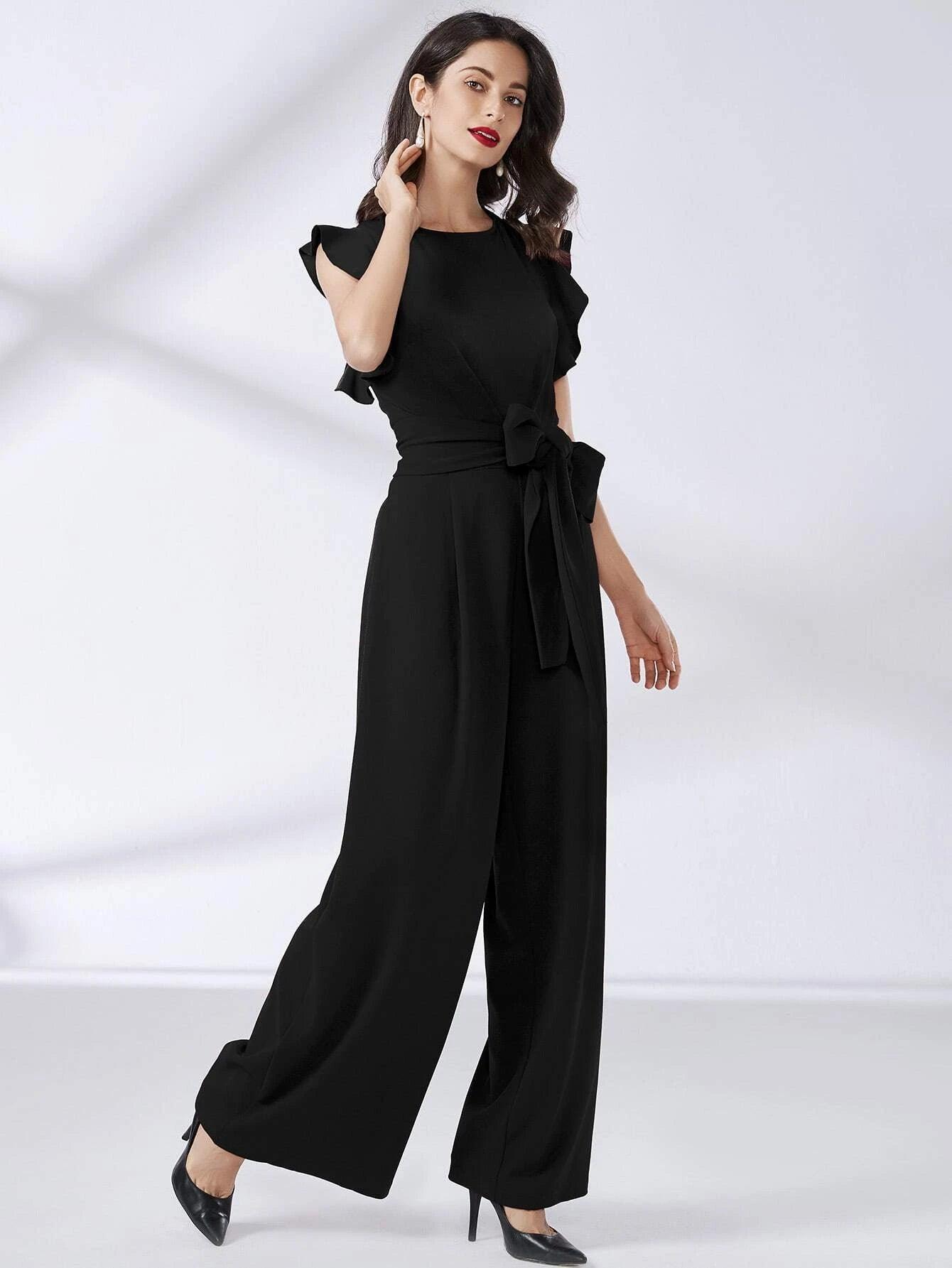 Trim Belted Wide Leg Jumpsuit-Comfy Jumpsuits