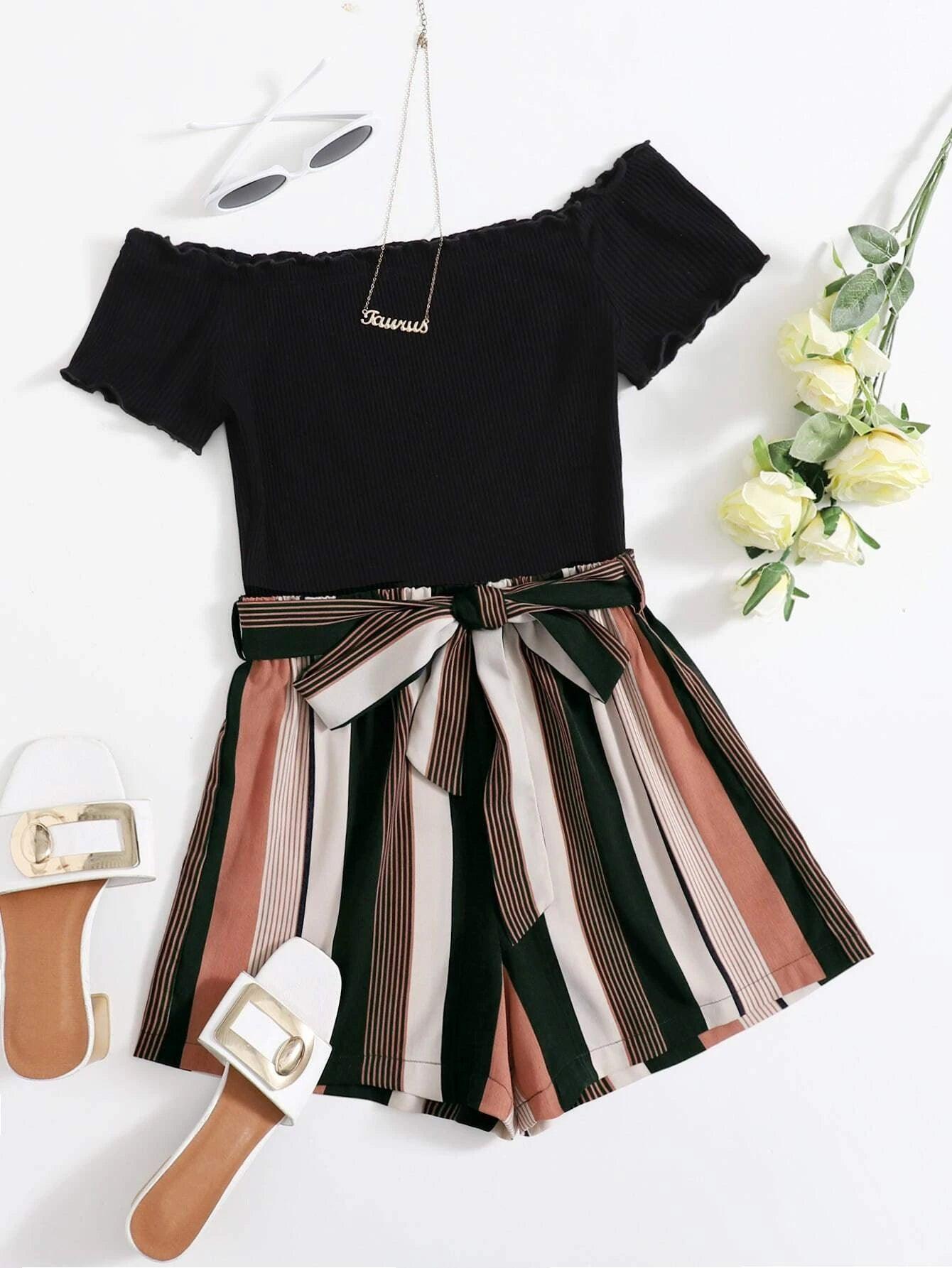 Off Shoulder Striped Paneled Self Belted Romper-Comfy Jumpsuits