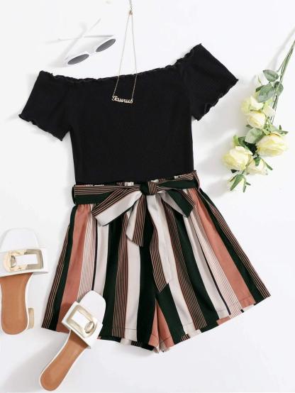 Off Shoulder Striped Paneled Self Belted Romper-Comfy Jumpsuits