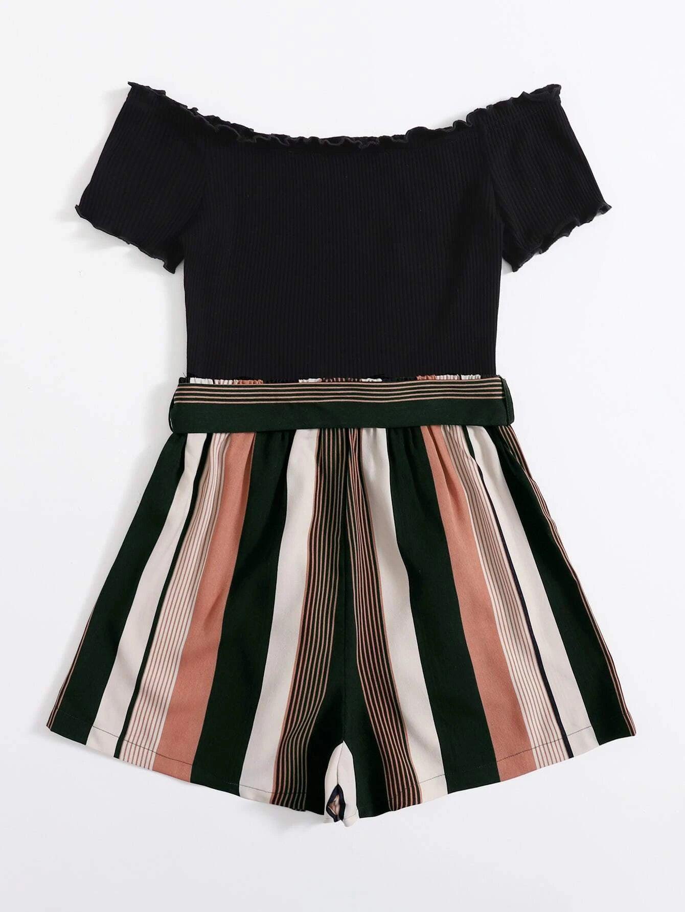 Off Shoulder Striped Paneled Self Belted Romper-Comfy Jumpsuits