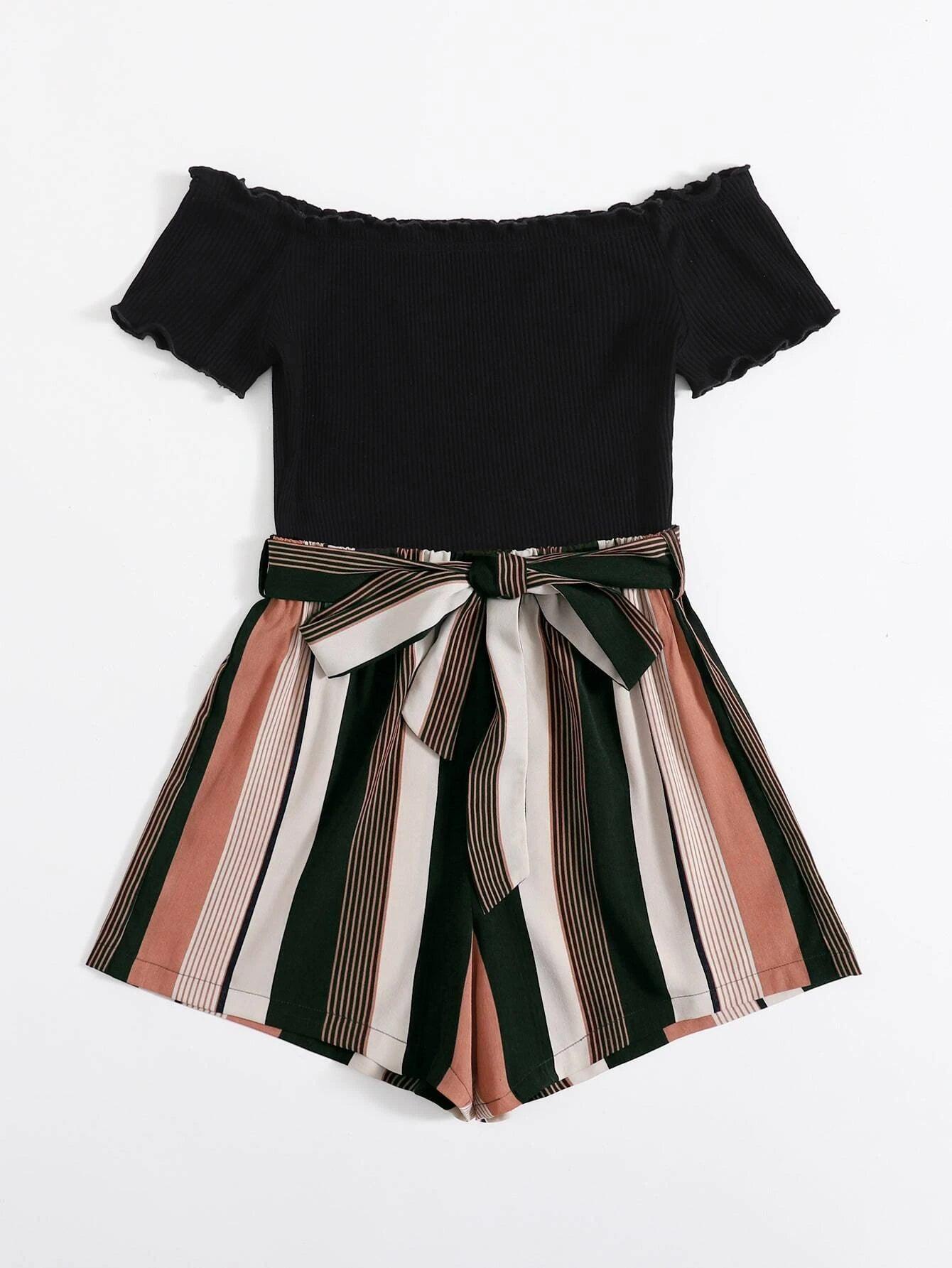 Off Shoulder Striped Paneled Self Belted Romper-Comfy Jumpsuits