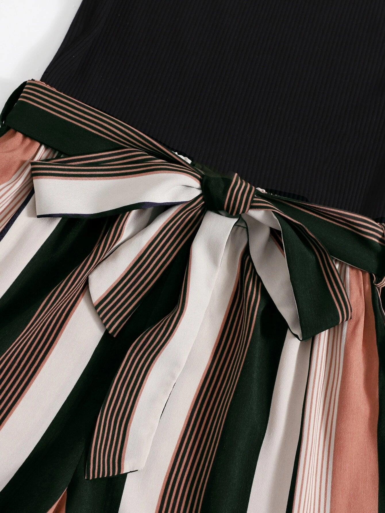 Off Shoulder Striped Paneled Self Belted Romper-Comfy Jumpsuits